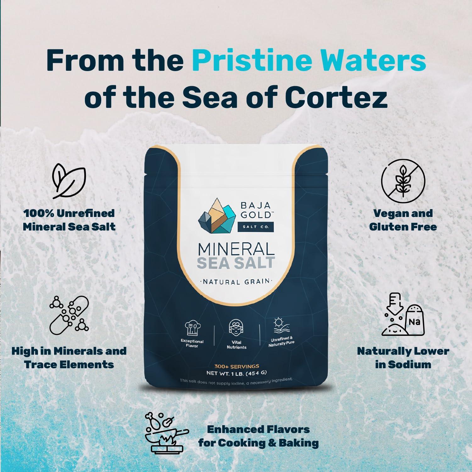 Baja Gold Baja Gold Mineral Sea Salt - Pure & Organic Natural Grain Salt for Cooking & Baking | Low Sodium, Authentic Baja Salt | Ideal for All Culinary Creations | 1 lb. Resealable Bag, 300+ Servings