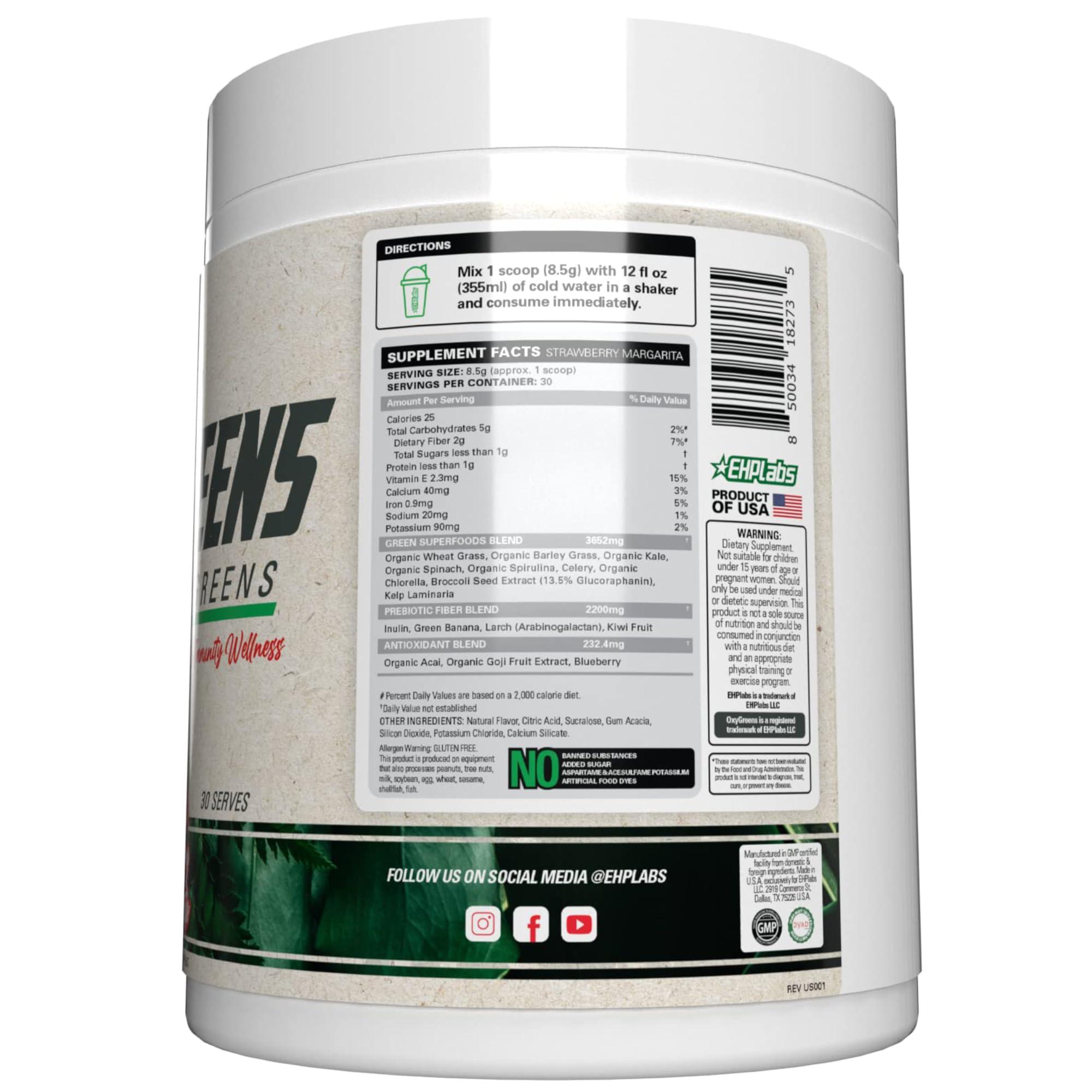 EHP Labs EHPlabs OxyGreens Super Greens Powder - Spirulina & Chlorella Superfood, Green Juice Powder & Greens Supplements with Prebiotic Fibre, Antioxidants & Immunity Support, 30 Serves (Strawberry Margarita)
