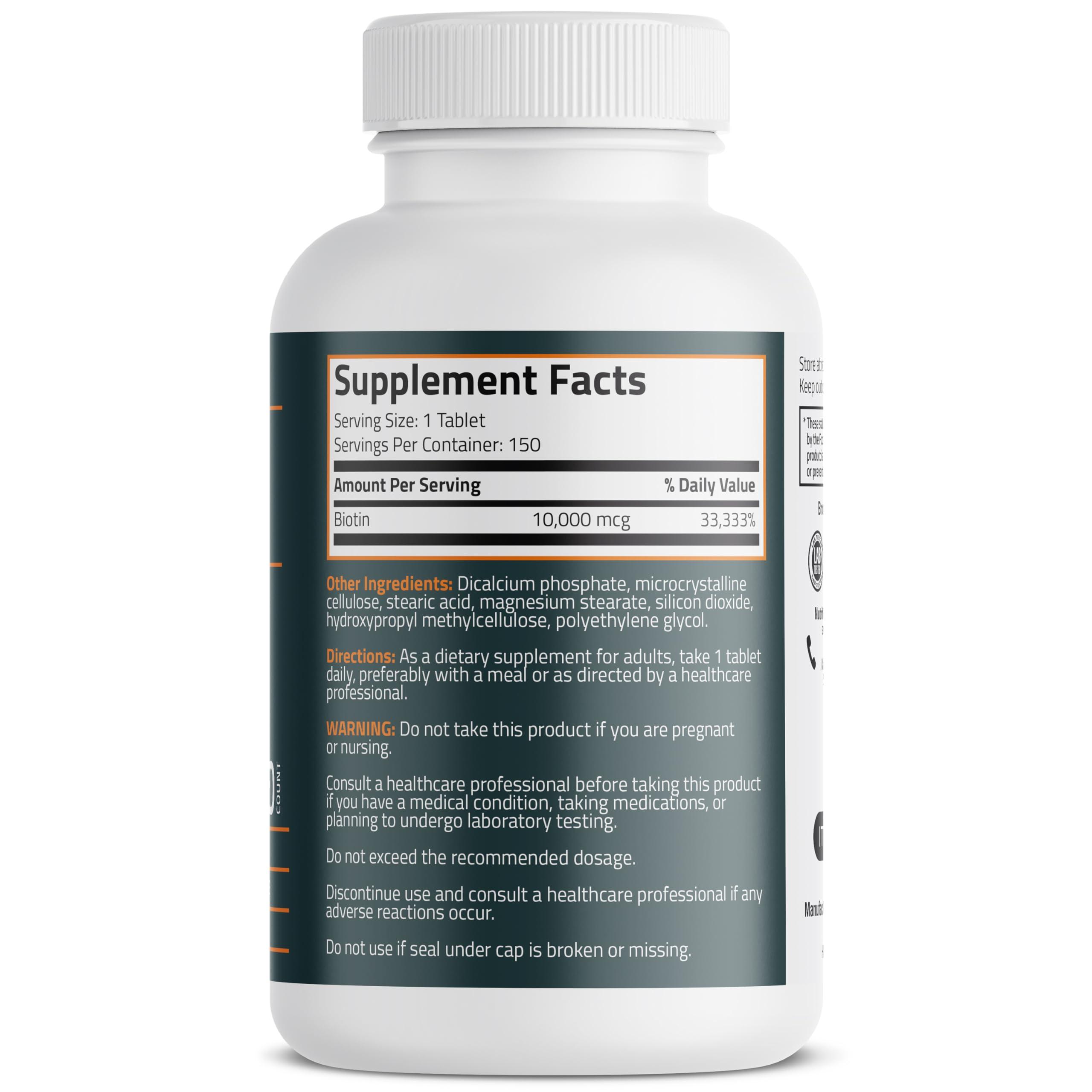 Bronson Bronson Biotin 10,000mcg, Supports Healthy Hair, Skin and Nails, Vegetarian, Non-GMO, 150 Tablets