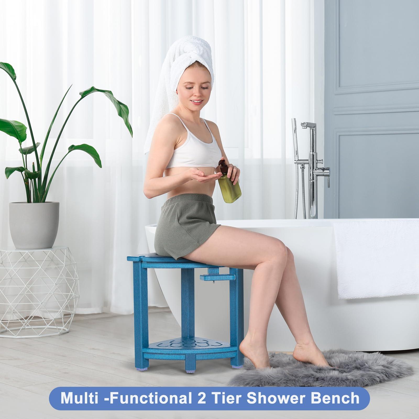 nalone nalone Corner Shower Stool, HDPE Shower Bench for Inside Shower, Small Shower Chair Seat for Shaving Legs with Storage Shelf, Soap Box and No-Slip Feet (Navy Blue)