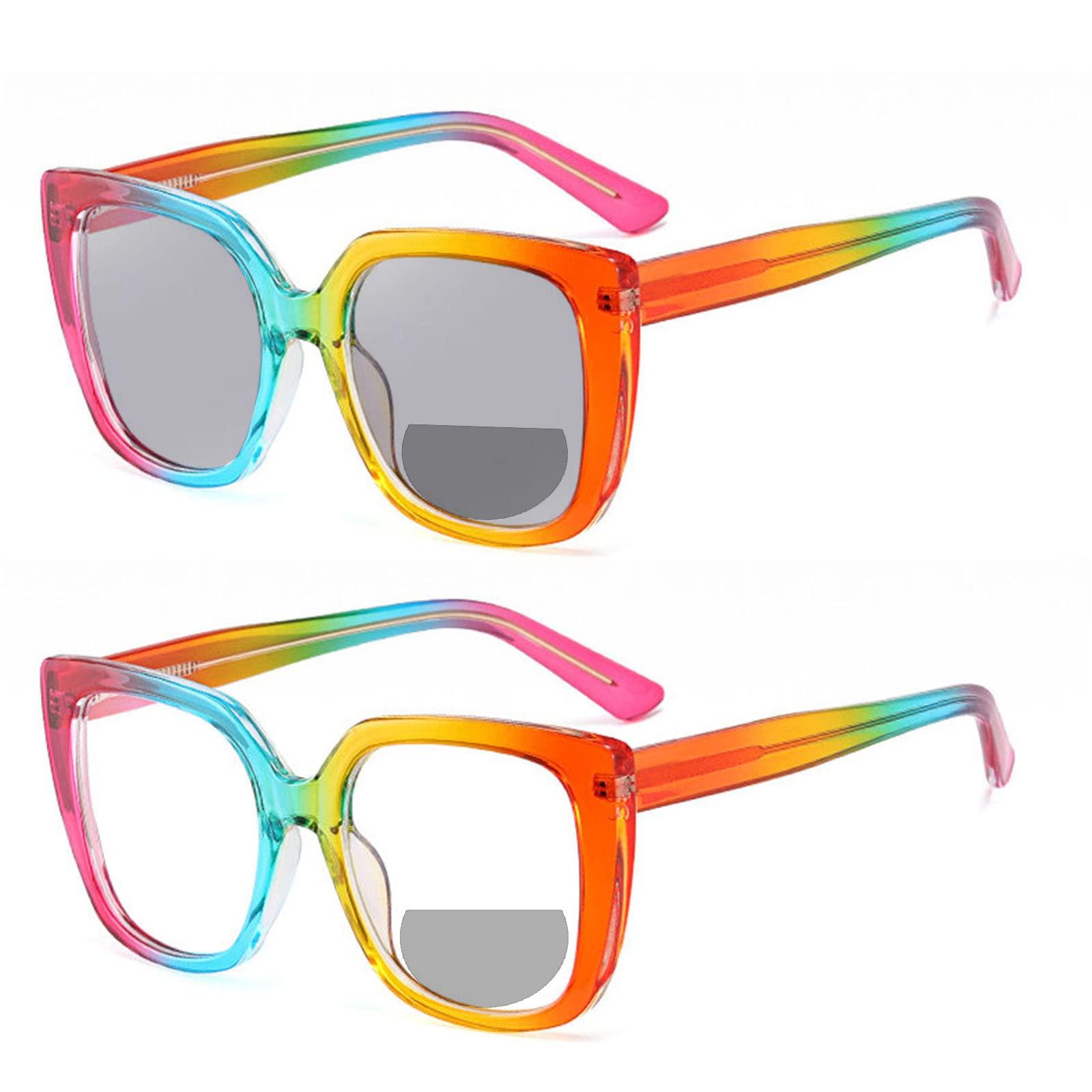 willochra Transition Photochromic Bifocal Reading Glasses For Women Cat Eye Sunglasses Readers computer reading far and near Anti UV (rainbow, 2.5, multiplier_x)