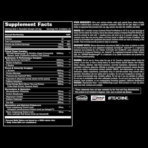Animal Animal Primal Muscle Hydration + Preworkout Powder Contains Beta Alanine, 3DPump, Caffeine & Electrolytes Improves Energy, Focus, Endurance & Absorption Fruit Punch Flavor, 17.9 oz