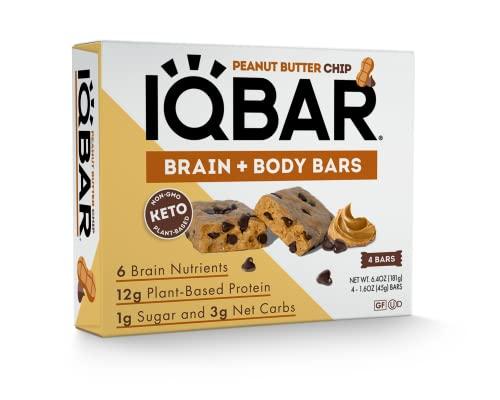 IQBAR IQBAR Brain and Body Keto Protein Bars - Peanut Butter Chip Keto Bars - 4 Count Energy Bars - Low Carb Protein Bars - High Fiber Vegan Bars and Low Sugar Meal Replacement Bars - Vegan Snack