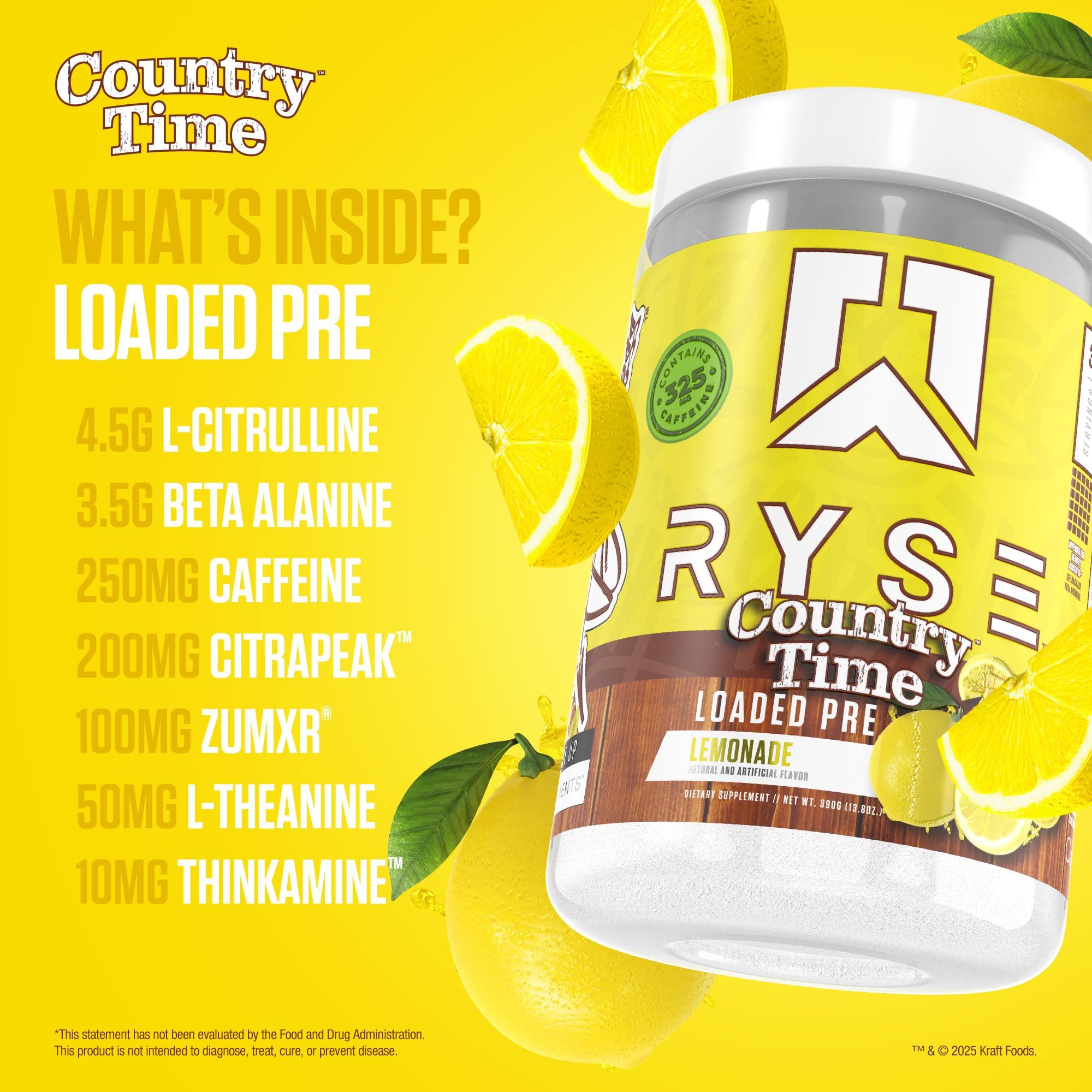 RYSE Up Supplements Ryse Loaded Pre Workout Powder Supplement for Men & Women | Pumps, Energy, Focus | Beta Alanine + Citrulline | 325mg Caffeine | 30 Servings (Country Time Lemonade)