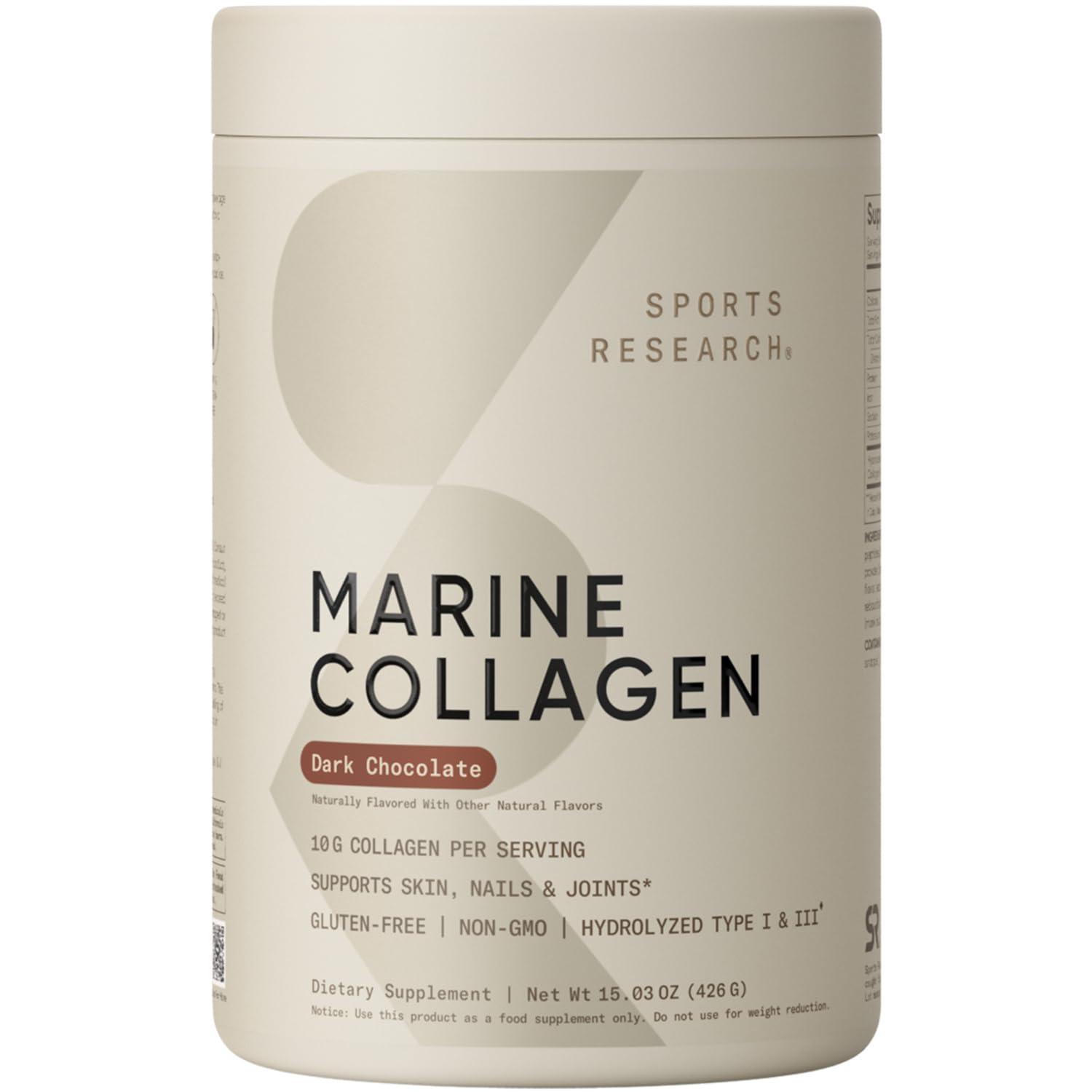 Sports Research Sports Research Marine Collagen Peptides, Dark Chocolate - Hydrolyzed 1&3 Collagen from Wild-Caught Fish - Pescatarian Non-GMO Gluten Free - 30 Servings