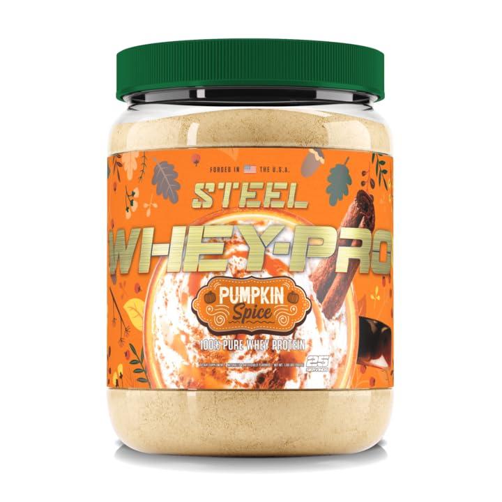 Steel Supplements Steel Supplements Whey-Pro | 100% Pure Whey Protein Powder for Men and Women | Pumpkin Spice | Muscle Gain & Lean Muscle Recovery | Gluten Free | 1.65 lbs | BCAA 5g | Non-GMO | 25 Servings