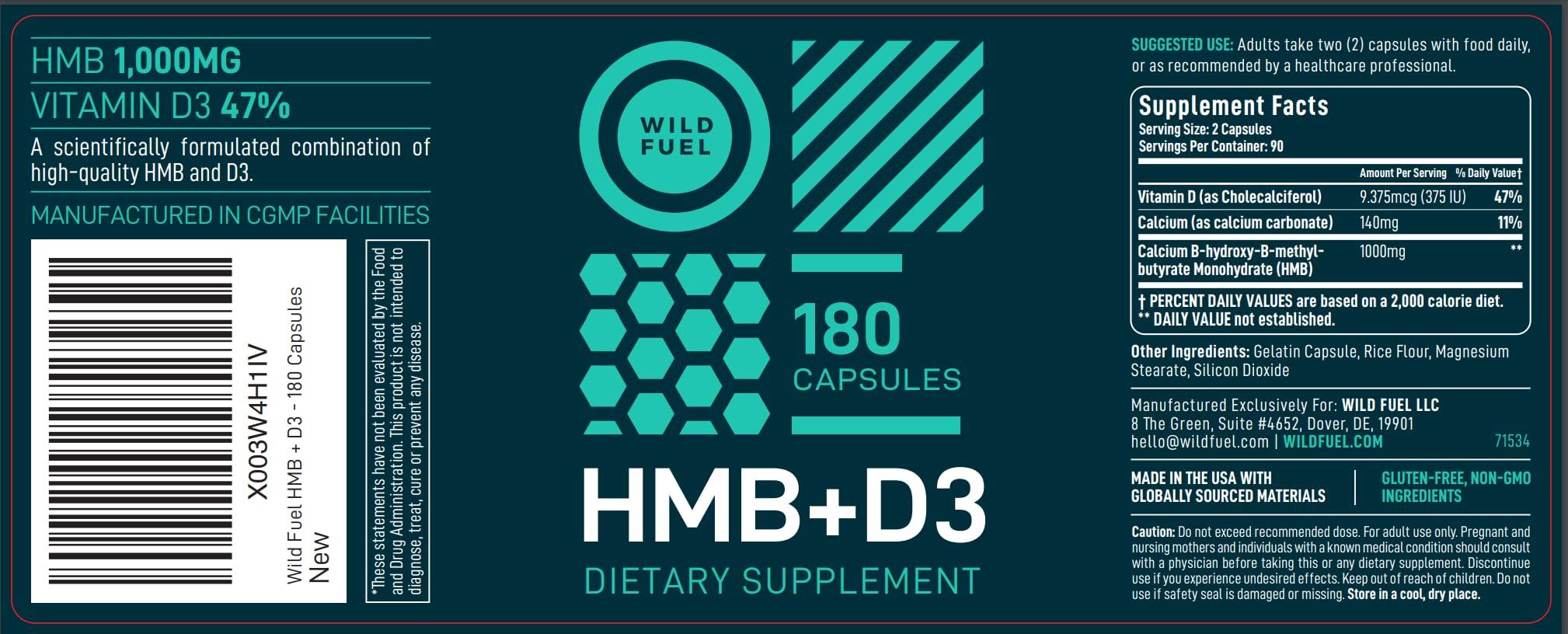 WILD FUEL HMB and Vitamin D3 Supplement Capsules - B-Hydroxy B-Methylbutyrate 1,000 MG HMB Supplements with Vitamin D3 - Muscle Growth, Strength, Performance and After Workout Muscle Recovery - 360 HMB Capsules