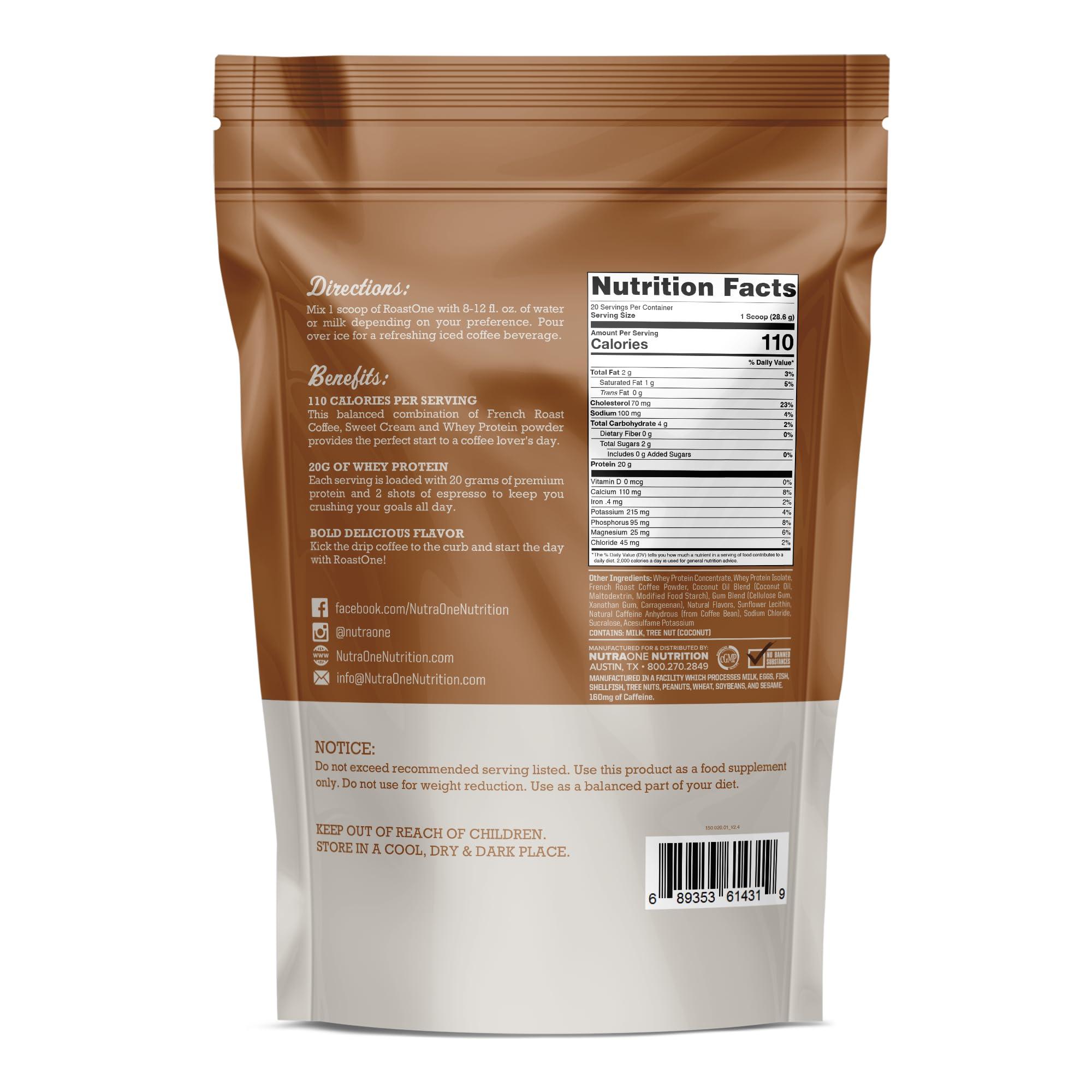 NutraOne Nutrition NutraOne RoastOne Coffee Protein Powder Coffee Infused Whey Protein Powder for Energy & Focus, 160mg Caffeine and 20g Protein (Sweet Cream 1.35 lbs.)