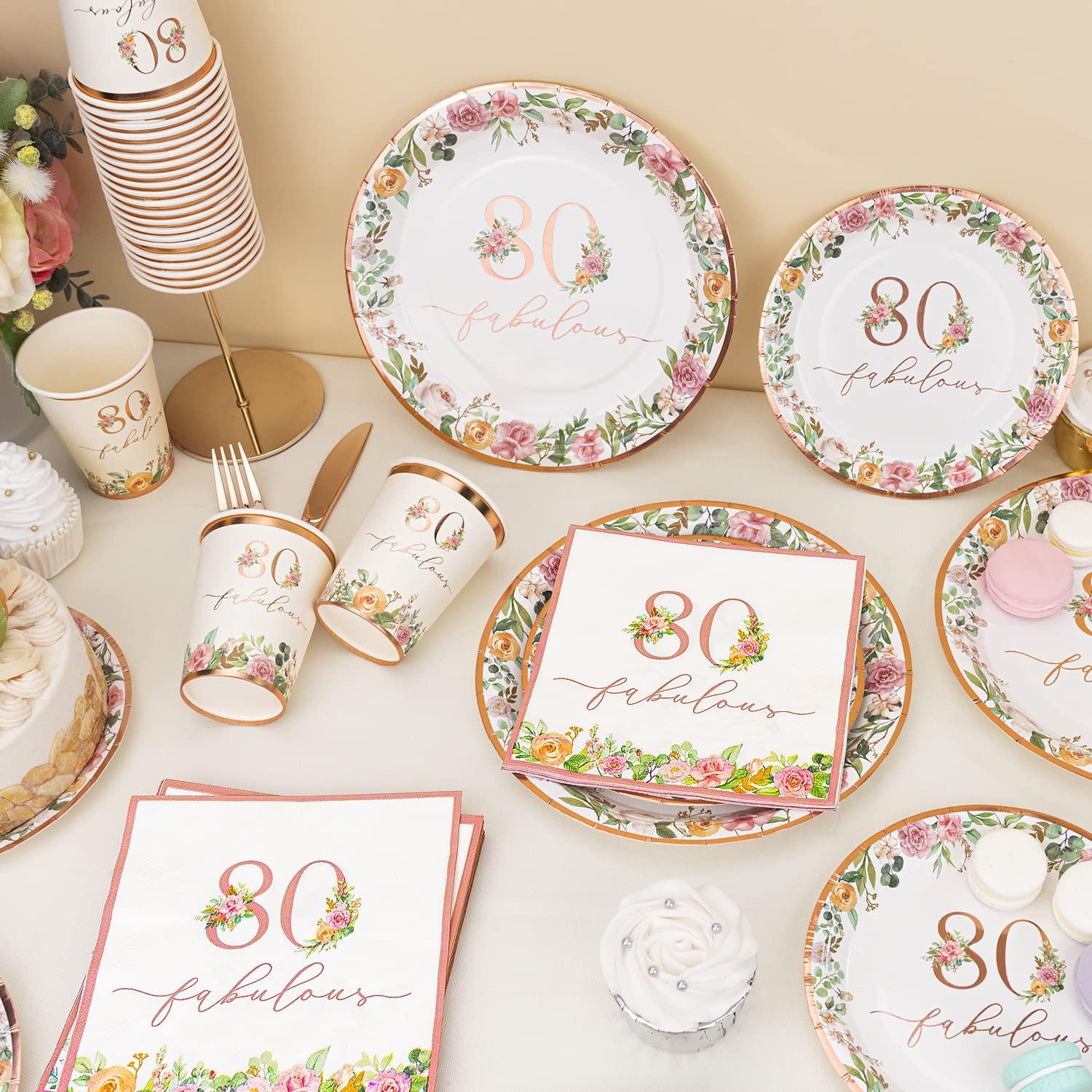 Crisky Crisky 80th Birthday Napkins and Plates for Women Rose Gold Floral Party Decoration, 80 and Fabulous Plates and Napkins for Women 80th Birthday.