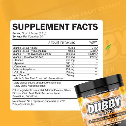 Dubby Dubby - Gamer Energy Drink Powder for Gaming - Sugar Free Energy Drinks, Nootropics Jitter-Free Natural Energy Powder, Mango Orange Cream Flavor, 30 Serving, 5.61 Ounces (Cali Cream)