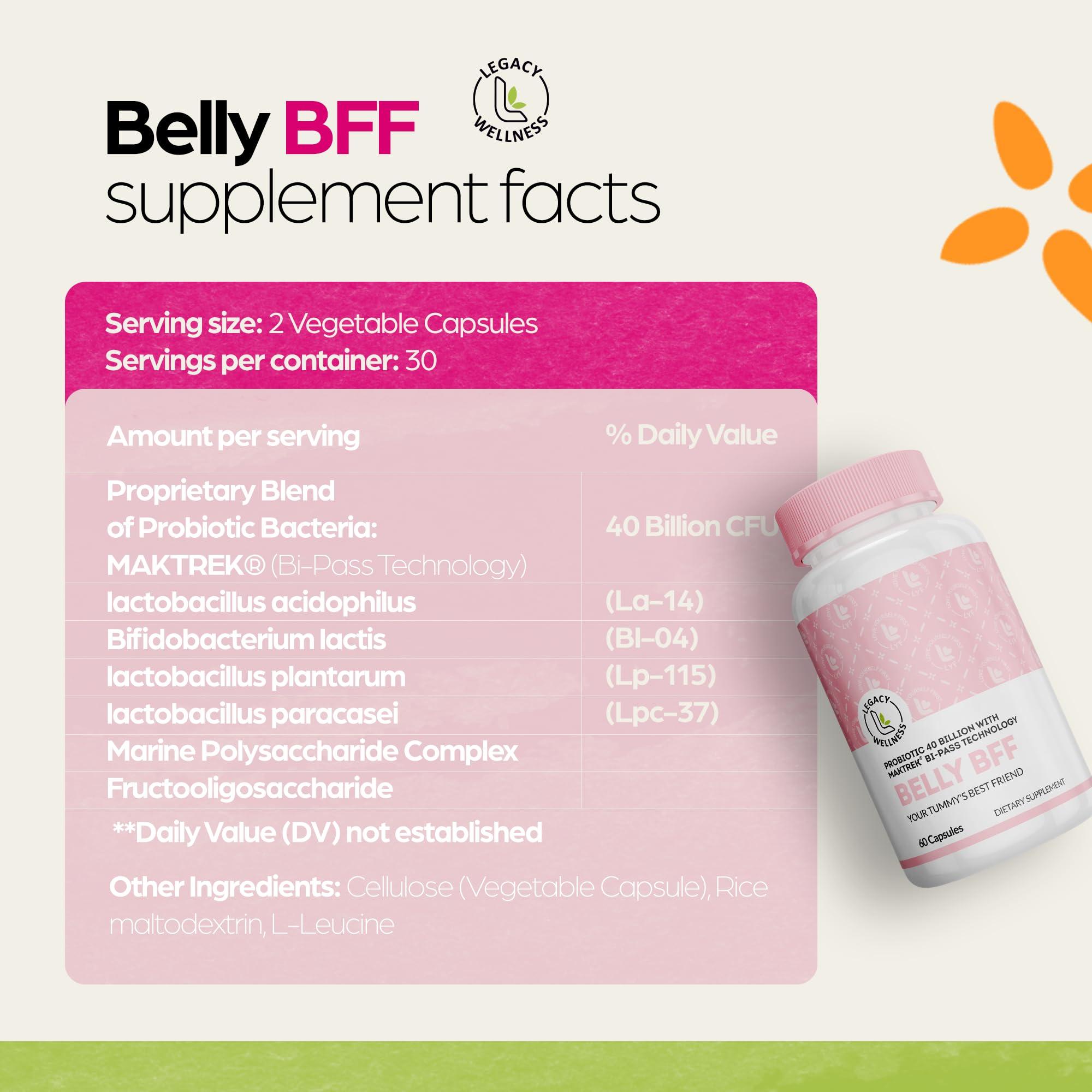 LegacyNutra BELLY BFF Probiotic Supplement - 40 Billion CFU Daily Gut Health Complex Support - Astragalus & Lactobacillus Acidophilus Digestive Health Probiotics for Women & Men - 60 Vegan Shelf Stable Capsules
