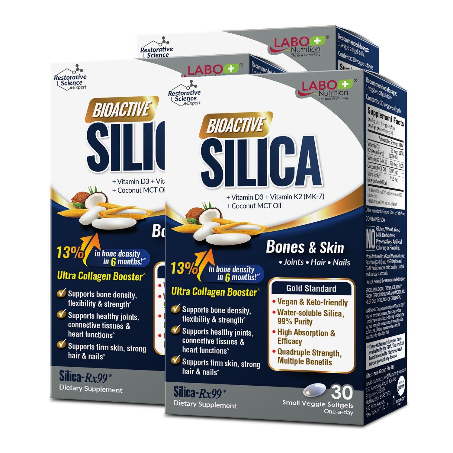 LABO Nutrition LABO Nutrition Bioactive Silica, 99% Purity Rice-Derived Silica with 42mg Silicon Per Serving, Intensive Collagen Generator, Strengthen Joint & Bone, for Skin, Hair & Nails Support. 30sx3