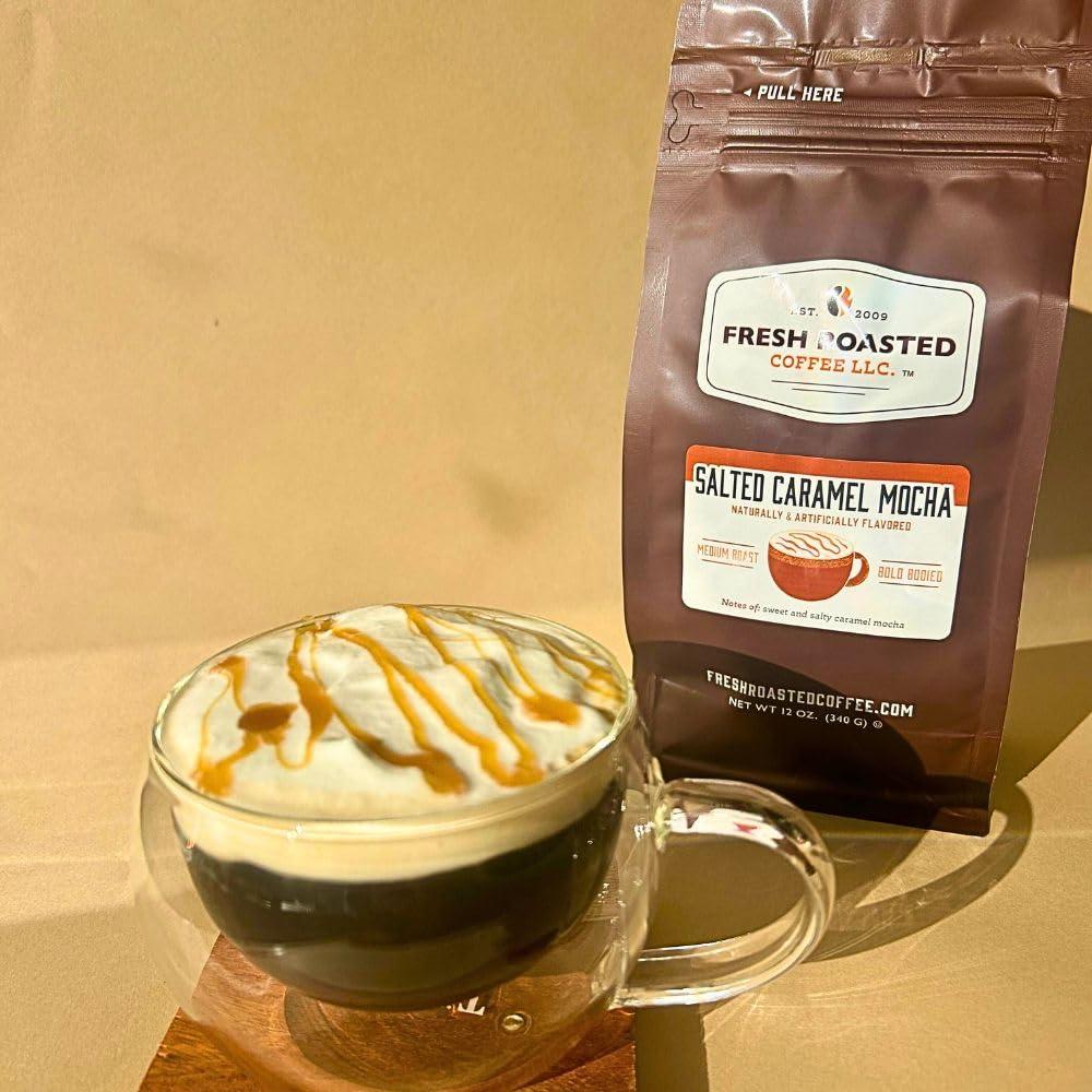 Fresh Roasted Coffee Fresh Roasted Coffee, Salted Caramel Mocha Flavored Coffee, 12 oz, Medium Roast, Kosher, Whole Bean