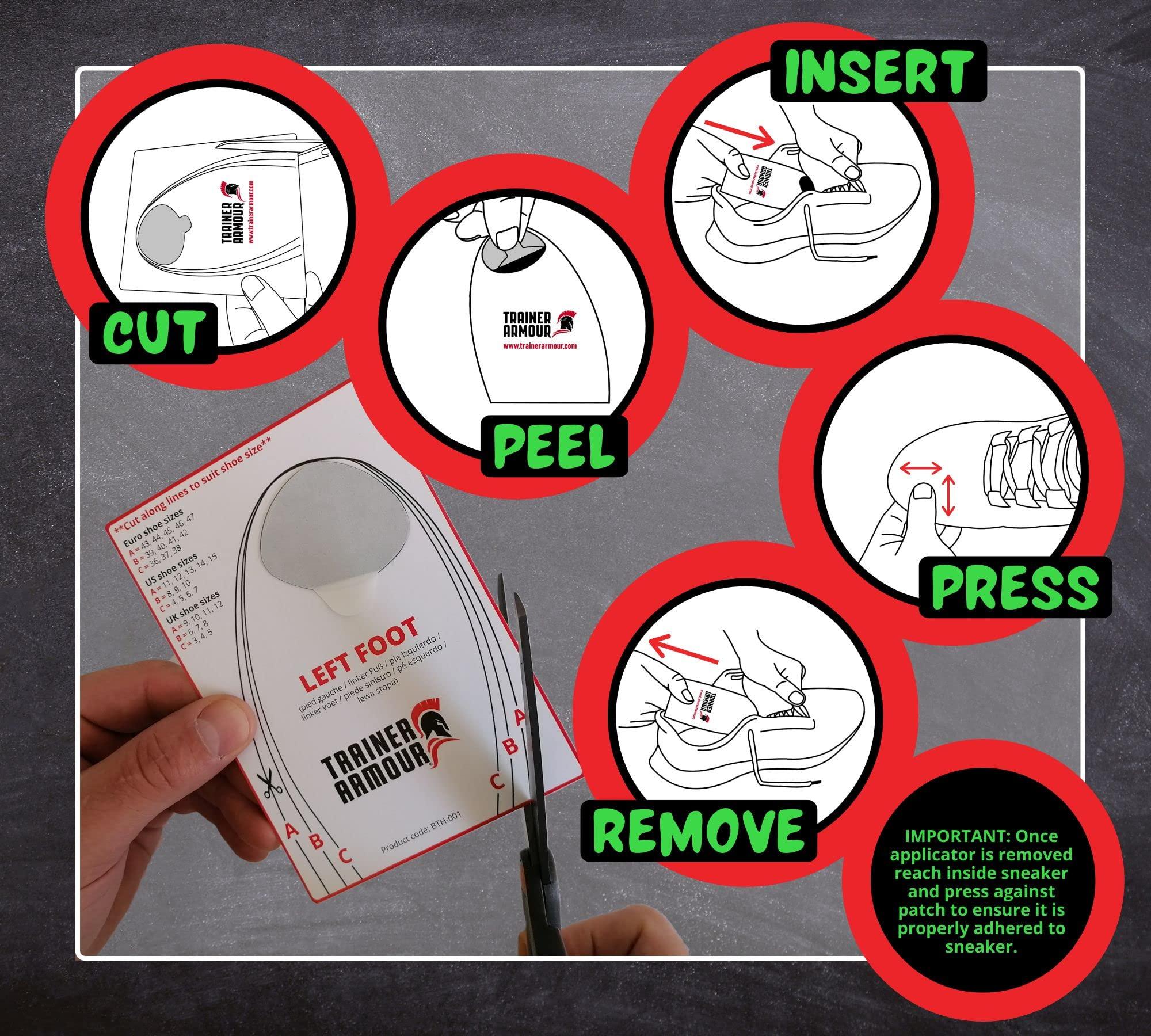 Trainer Armour Trainer Armour - Big Toe Hole Preventer, self-Adhesive Patches with a Clever applicator. Shoe Toe Burst Toe Box Blowout Prevention Insert, Toe Hole Area Repair Patch. for Running Shoes and Sneakers.
