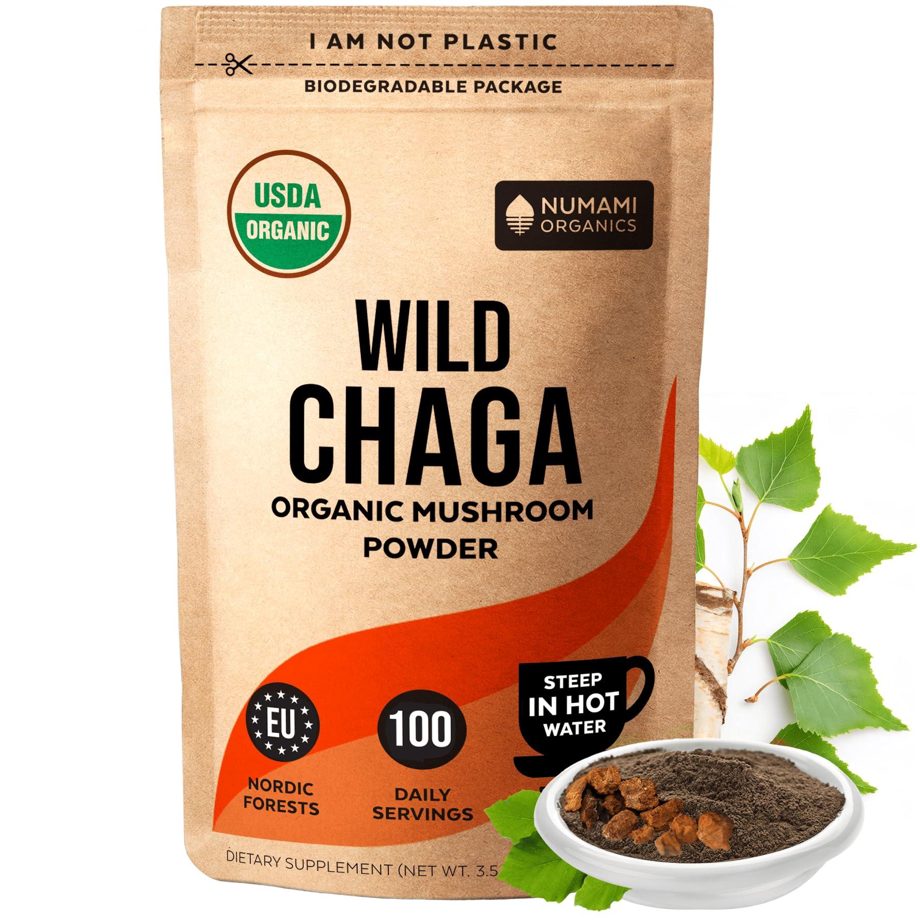 Numami Organic Chaga Mushrooms Powder - Fine Powder to Make Chaga Tea for Immune Defense and More Energy, Organic Chaga is Wild Grown and Sustainably Harvested in Europe, Certified USDA Organic, 100 servings