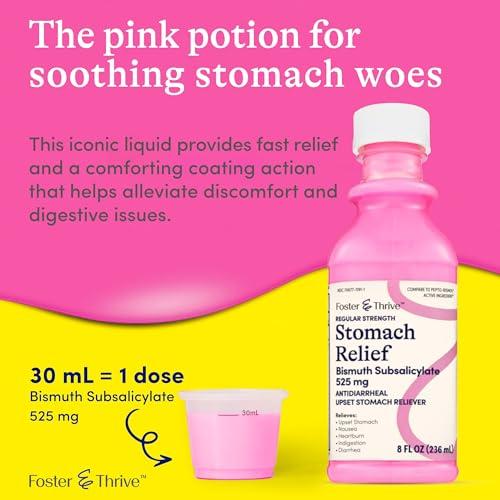 Foster & Thrive Foster & Thrive Stomach Relief Liquid for Nausea, Heartburn, Indigestion, Upset Stomach, Diarrhea - Fast Relief for 5 Symptoms, Antidiarrheal, Bismuth Subsalicylate 525 mg, Original, 8 oz (Pack of 3)