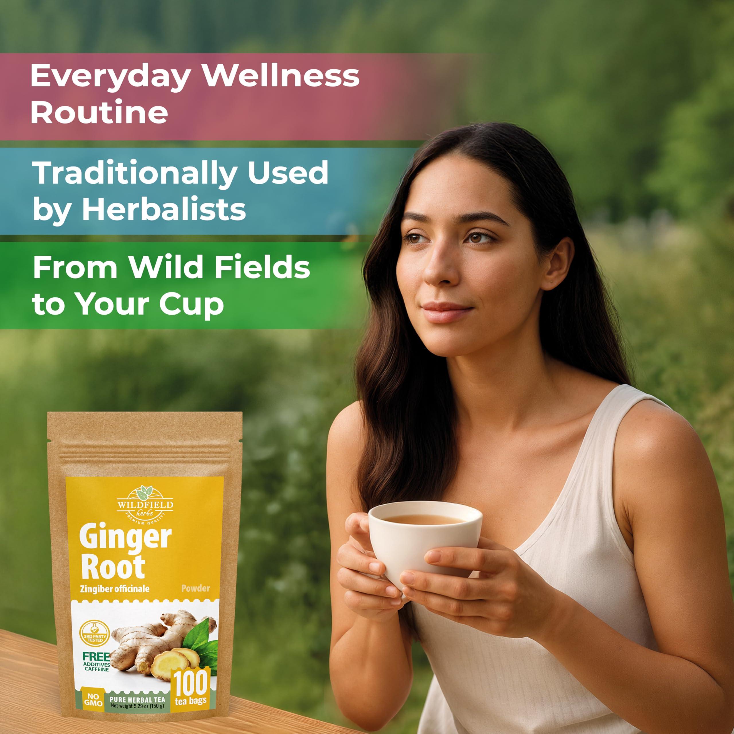 WILDFIELD HERBS 100 Ginger Tea Bags Ginger Root Tea Dry Dried Herb (Zingiber officinale) - 100 Count 1.5g Tea Bags Ginger Raz de jengibre