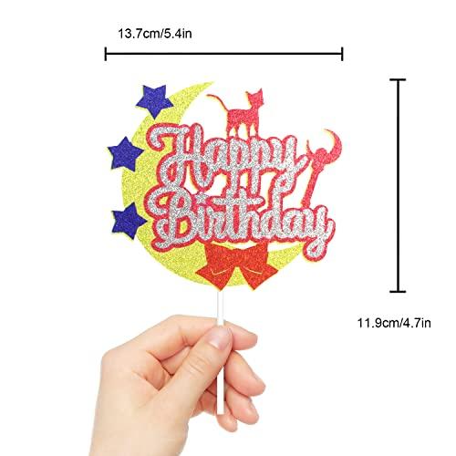 Caiwowo Moon Cat Happy Birthday Cake Topper - Moon Girls Sailor Birthday Party Glitter Cute Cat Cake Supplies - Pink Girl Happy Birthday Party Decoration