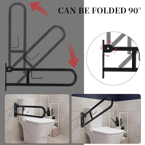 YuanDe Toilet Grab Bar 30.3 Inch, YuanDe Flip Up Grab Bar with Paper Holder,Matte Black Anti-Slip Safety Bars for Toilet, Stainless Steel Knurled Toilet Handles for Seniors Disabled Elderly Pregnant