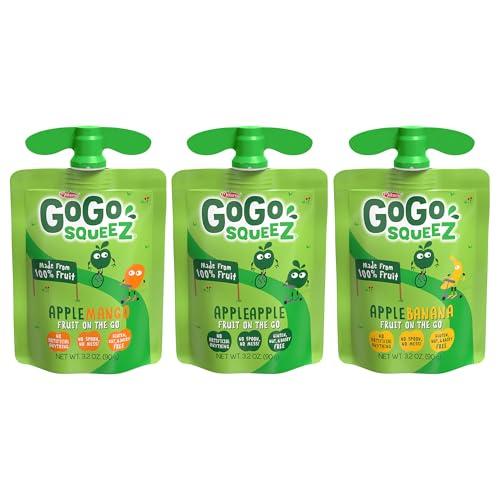 GoGo SqueeZ GoGo squeeZ Applesauce and Fruit Puree Variety Pack, Apple, Mango & Banana, 3.2 oz (Pack of 20), Unsweetened Fruit Snacks for Kids, Gluten Free, Nut Free and Dairy Free, BPA Free Pouches