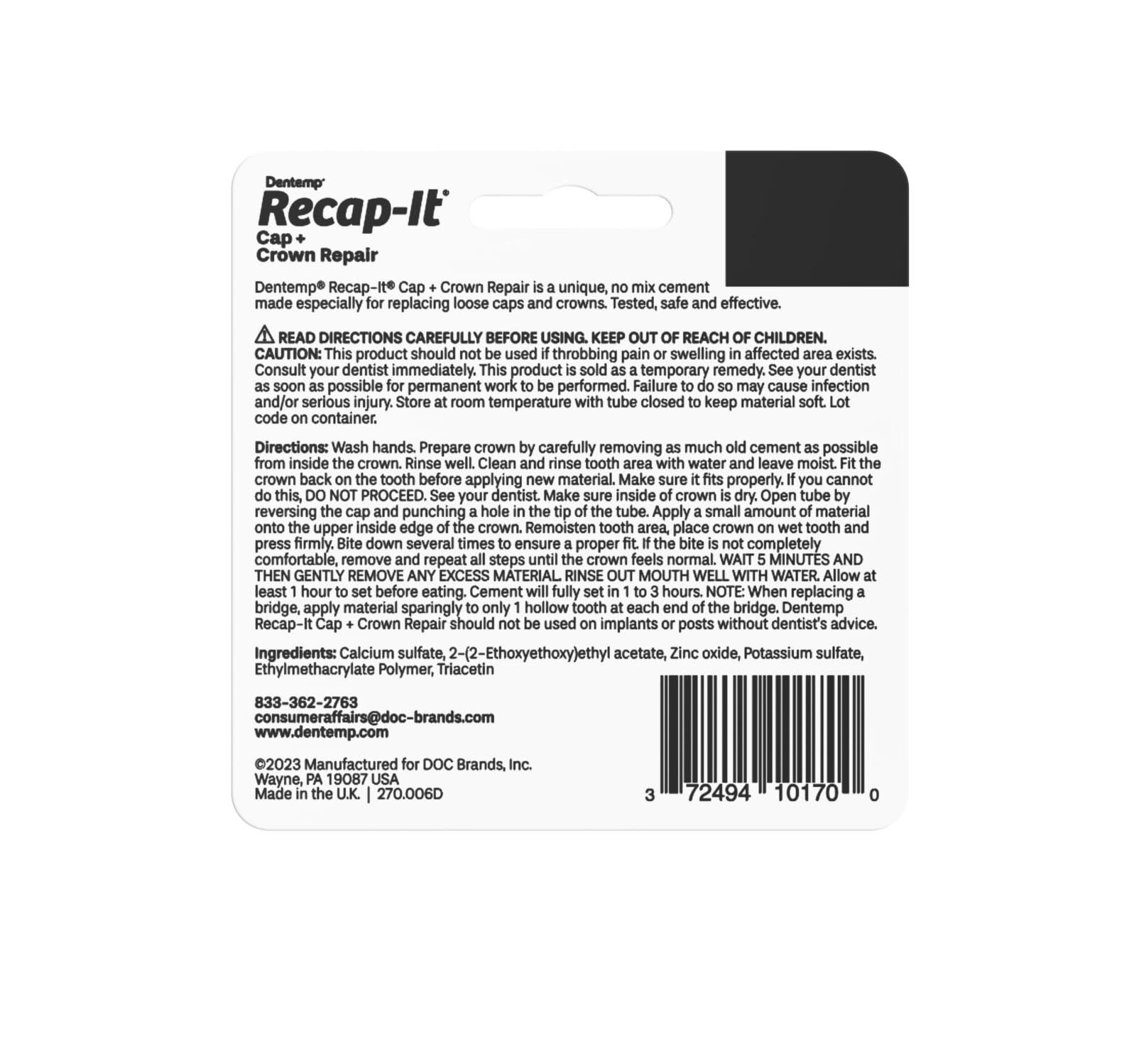 Dentemp Dentemp Recap-It Cap and Crown Repair Dental Kit - Fast Acting Formula Dental Cement for Loose Caps (Pack of 3) - Temporary Cement for Crown and Bridge
