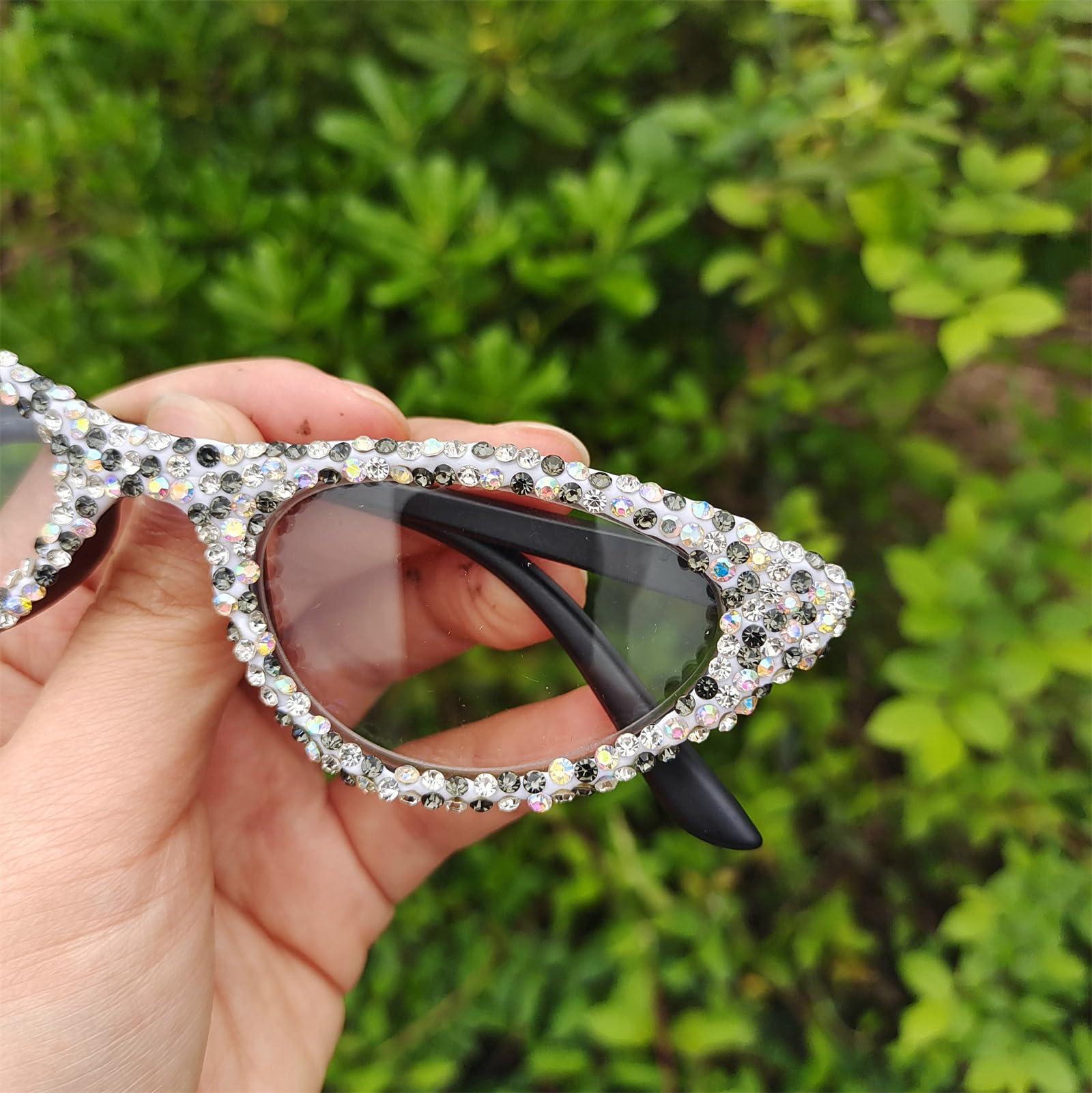 willochra Cat Eye Rhinestone Reading Glasses for Women Sparkling Crystal computer Eyewear Trendy bling Diamond Reader WHITE 1.5 x