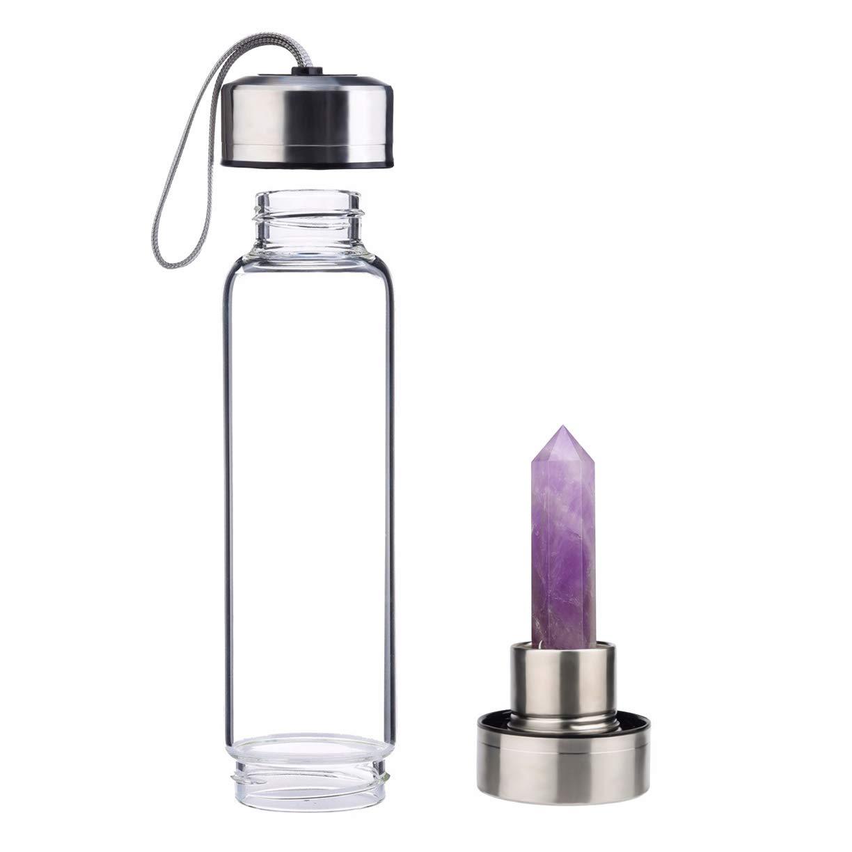 JewelBeauty Crystal Elixir Glass Water Bottle with Amethyst Gemstone Healing Crystal Infused Obelisk Wand Energy Cup (Amethyst)