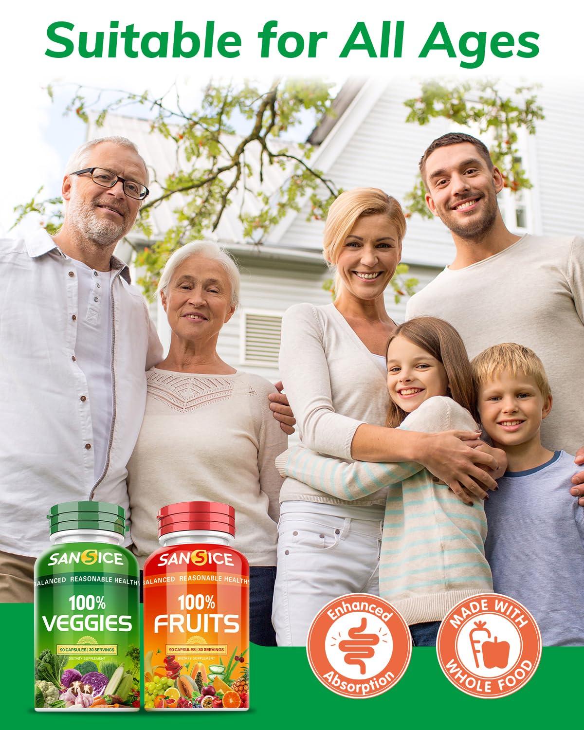 SANSICE SANSICE Fruits and Veggies Supplement, 100% Natural Fruit and Vegetable Vitamins Soy Free & Non-GMO Vegetable and Fruit Supplements for Women Men and Kids - 90 Fruit Capsules, 90 Veggie Capsules