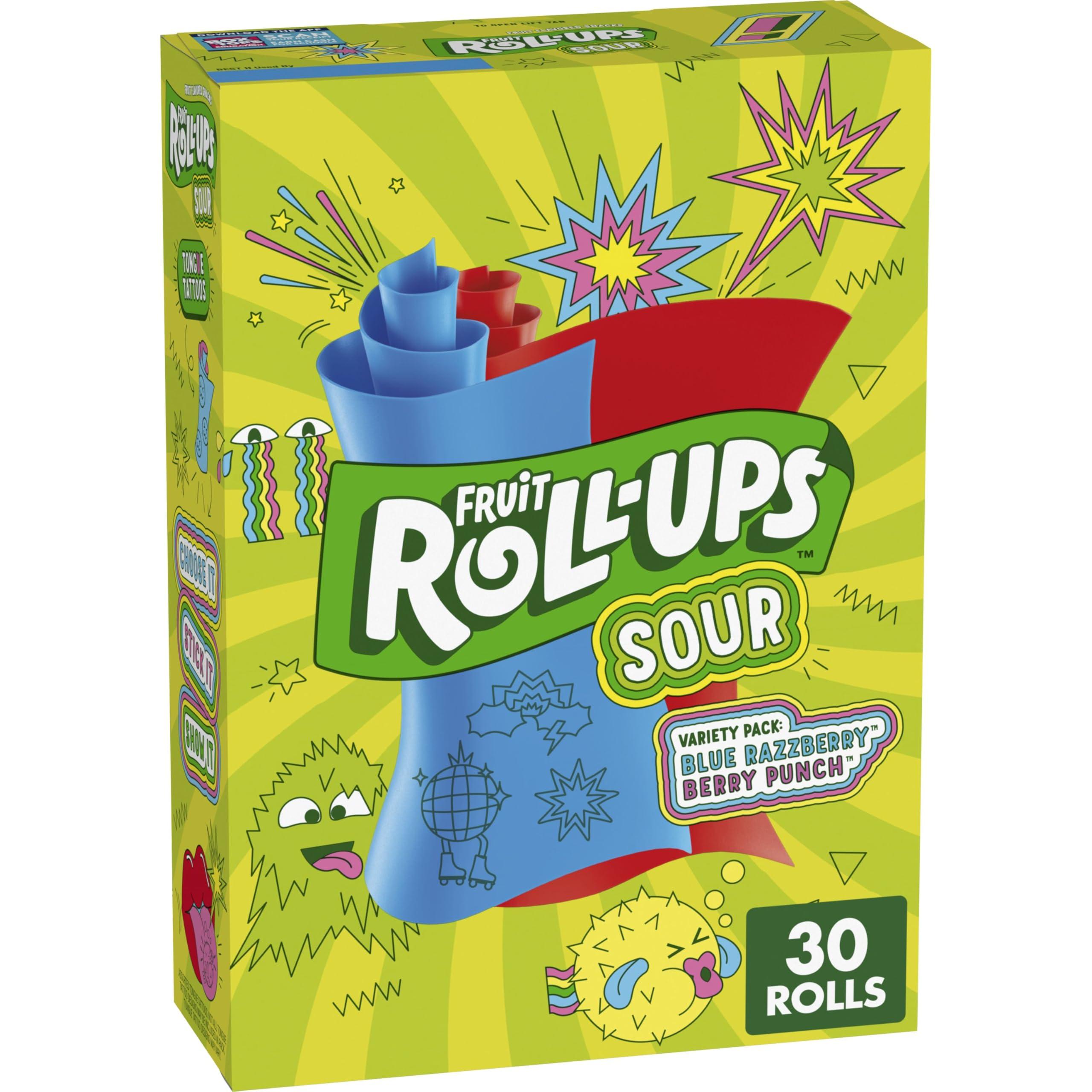 Betty Crocker Fruit Roll-Ups Sour Fruit Flavored Snacks, Blue Razzberry & Berry Punch Flavors, Variety Pack, 15 oz (30 Count)