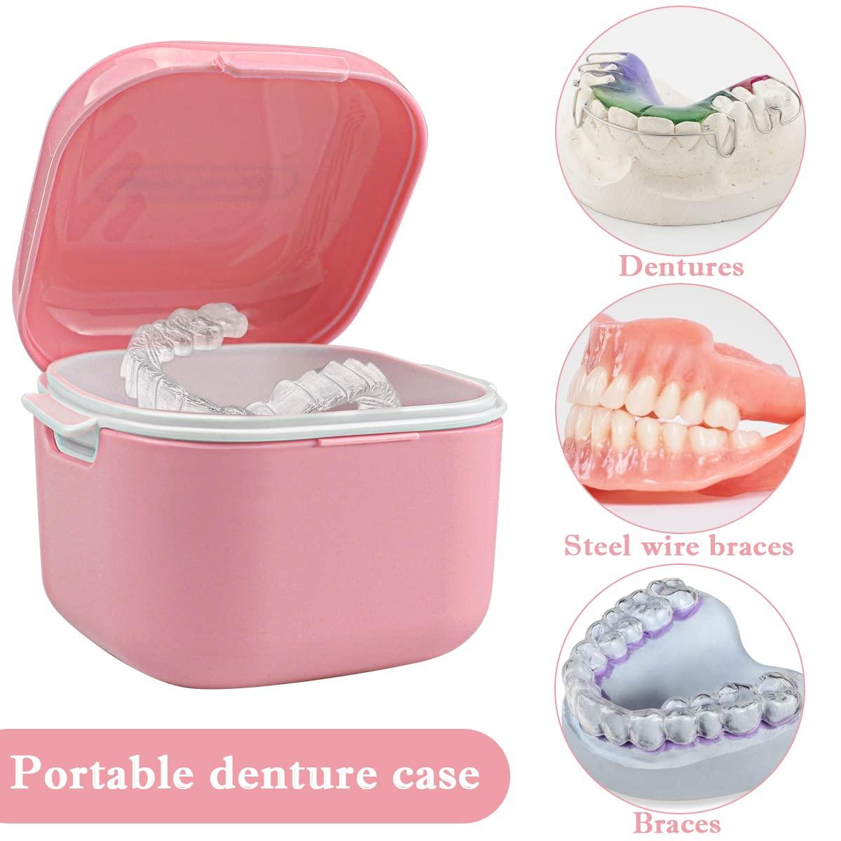 FERCAISH Denture Soak Container, Portable Denture Bath Box Cup, No-Leak Denture case,Retainer Cleaning Box Complete Clean Care for Dentures, Clear Braces, Mouth Guard, Night Guard & Retainers(Red)