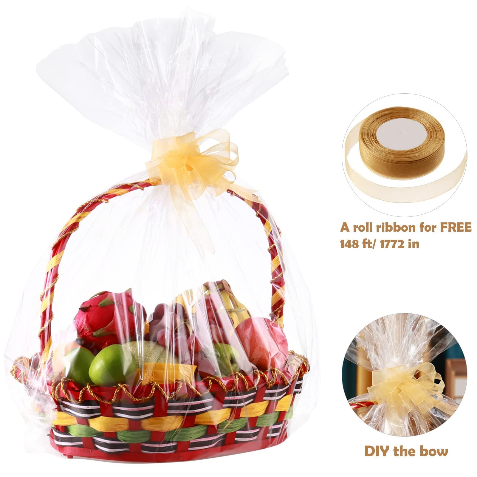 Circloophs 50 Packs Large Clear Cellophane Basket Bags 24\" x 30\" Cellophane Basket Gift Bags Heavy-duty Plastic Wrapping Paper for Gifts, Arts, Crafts, Treats, Chiffon Ribbon