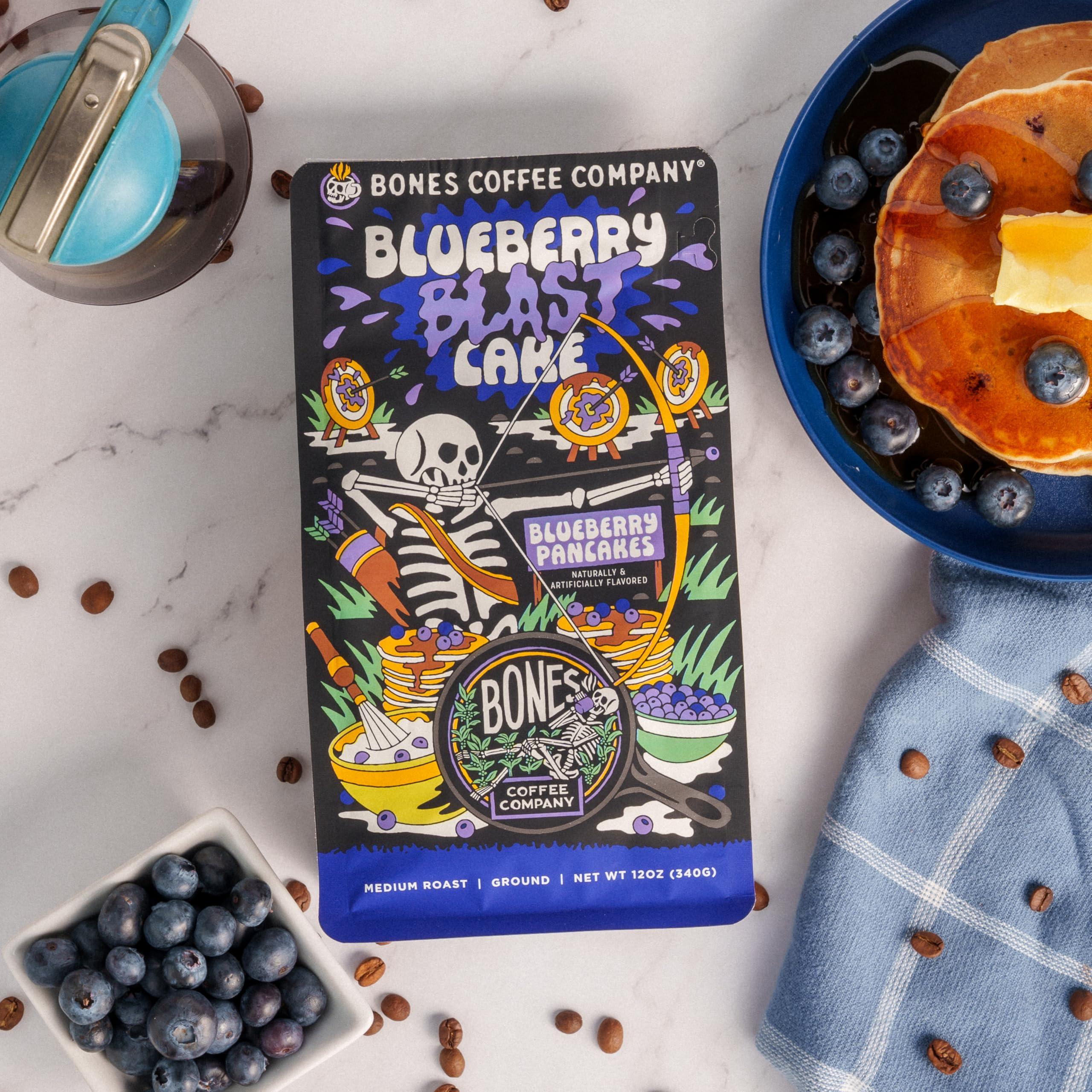 Bones Coffee Company Bones Coffee Company Blueberry Blast Cake Whole Coffee Beans Beans Blueberry Pancakes Flavor, Low Acid Flavored Coffee Made with Arabica Beans, Medium Roast Coffee (12 oz)