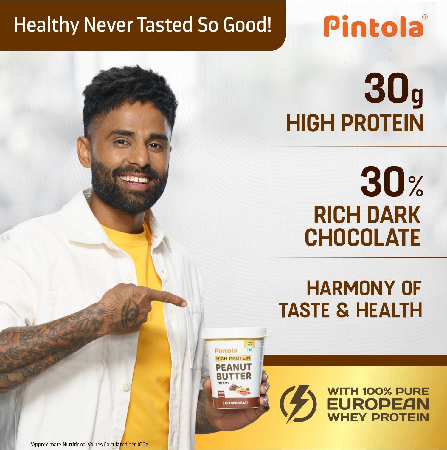 Pintola Pintola HIGH Protein Peanut Butter (Dark Chocolate) (Crunchy, 510g) | 30% Protein | High Fibre | NO Salt