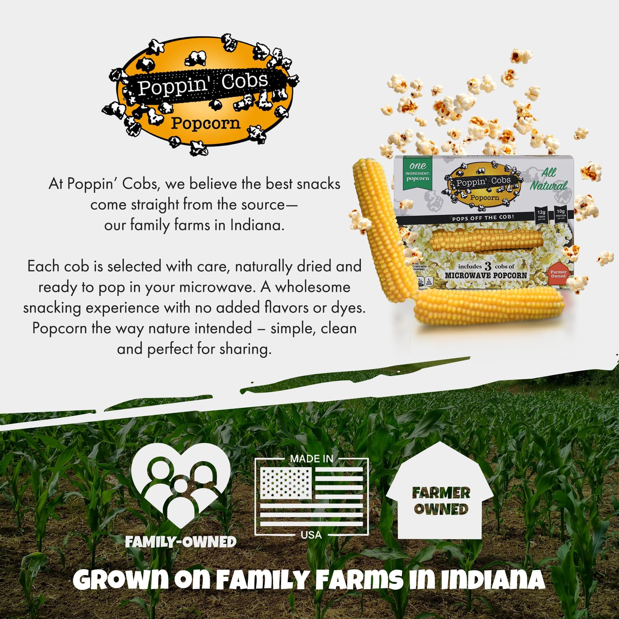 Poppin' Cobs Microwave Popcorn on the Cob - Pops off the Cob | Poppin\' Cobs Popcorn | Individually Wrapped Popcorn Cobs with 3 Bags For Popping | Single Ingredient | Gluten Free | Non-GMO | Single Harvest | Farm Fresh | Farmer Owned