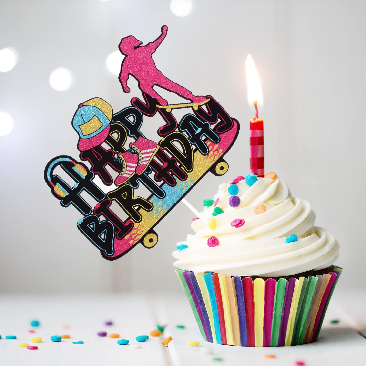 LHCING Girl's Skateboard Happy Birthday Cake Topper - 80's Retro Birthday Party Glitter Skateboard Cake Topper - Sport Skateboarding Birthday Party Cake Topper Decoration