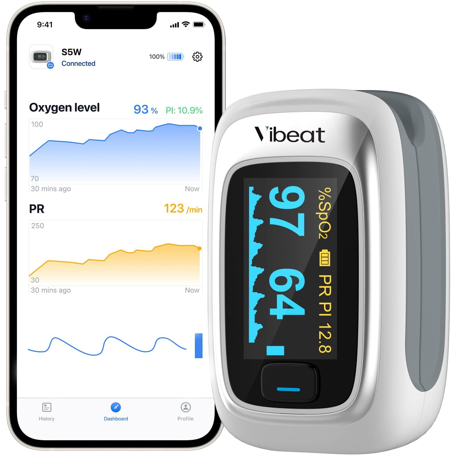 Vibeat Vibeat Bluetooth Fingertip Pulse Oximeter with Pulse Rate, Blood Oxygen Saturation Monitor | Finger O2 Meter, Batteries and Lanyard Included, Free APP, FSA/HSA Eligible