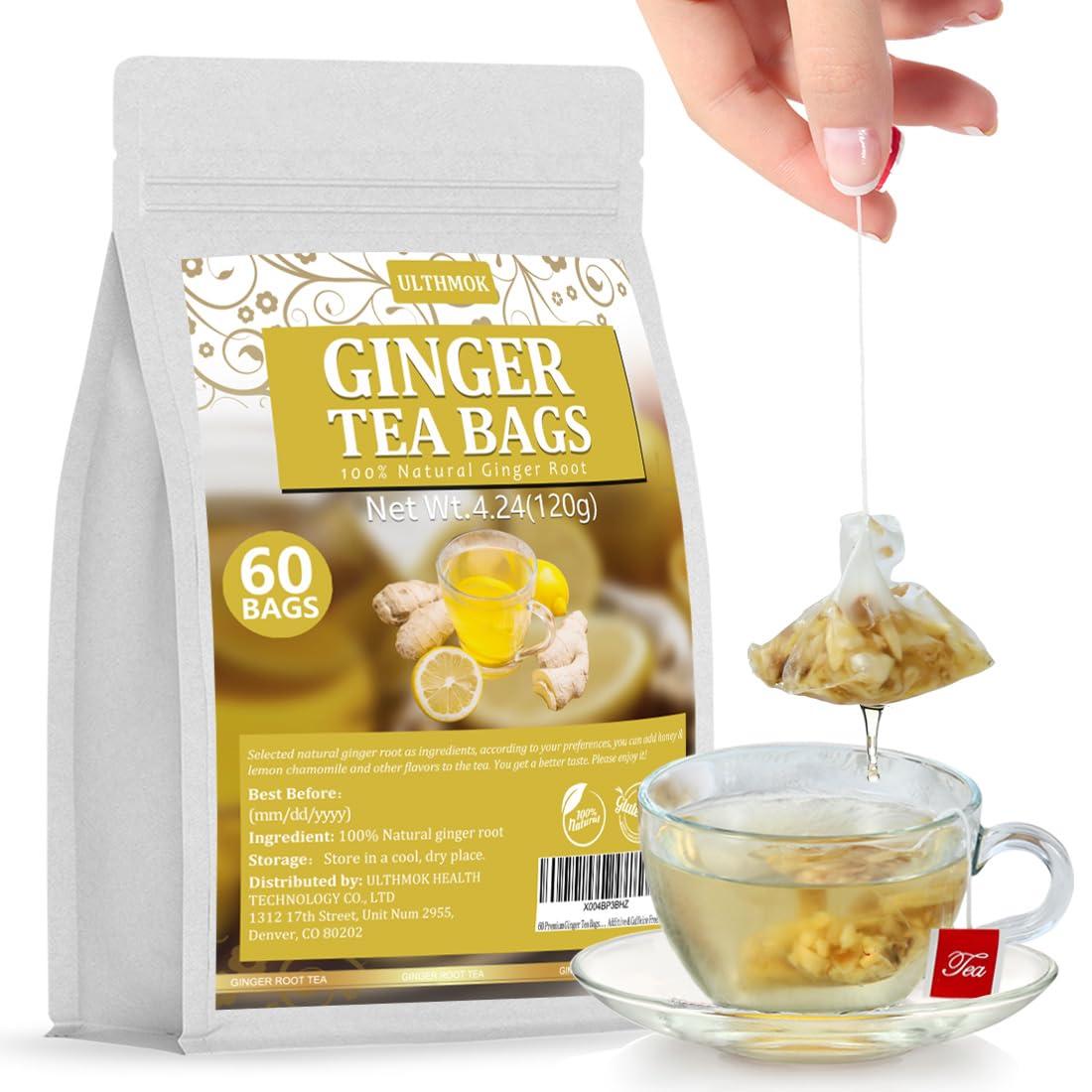 ULTHMOK 60 Premium Ginger Tea Bags, Made with 100% Natural Ginger Root, Warm & Spicy, Support Digestion & Boost Immunity, No Additives & Caffeine Free.