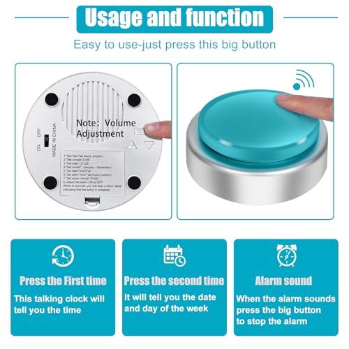 BATVOX BATVOX Large Talking Button Clock, Talking Alarm Clock with Volume Control, Telling Time and Day of The Week, Alarm, Gift Clock for Mother,Father,Seniors,Elderly,Blind People (Silver&Blue)