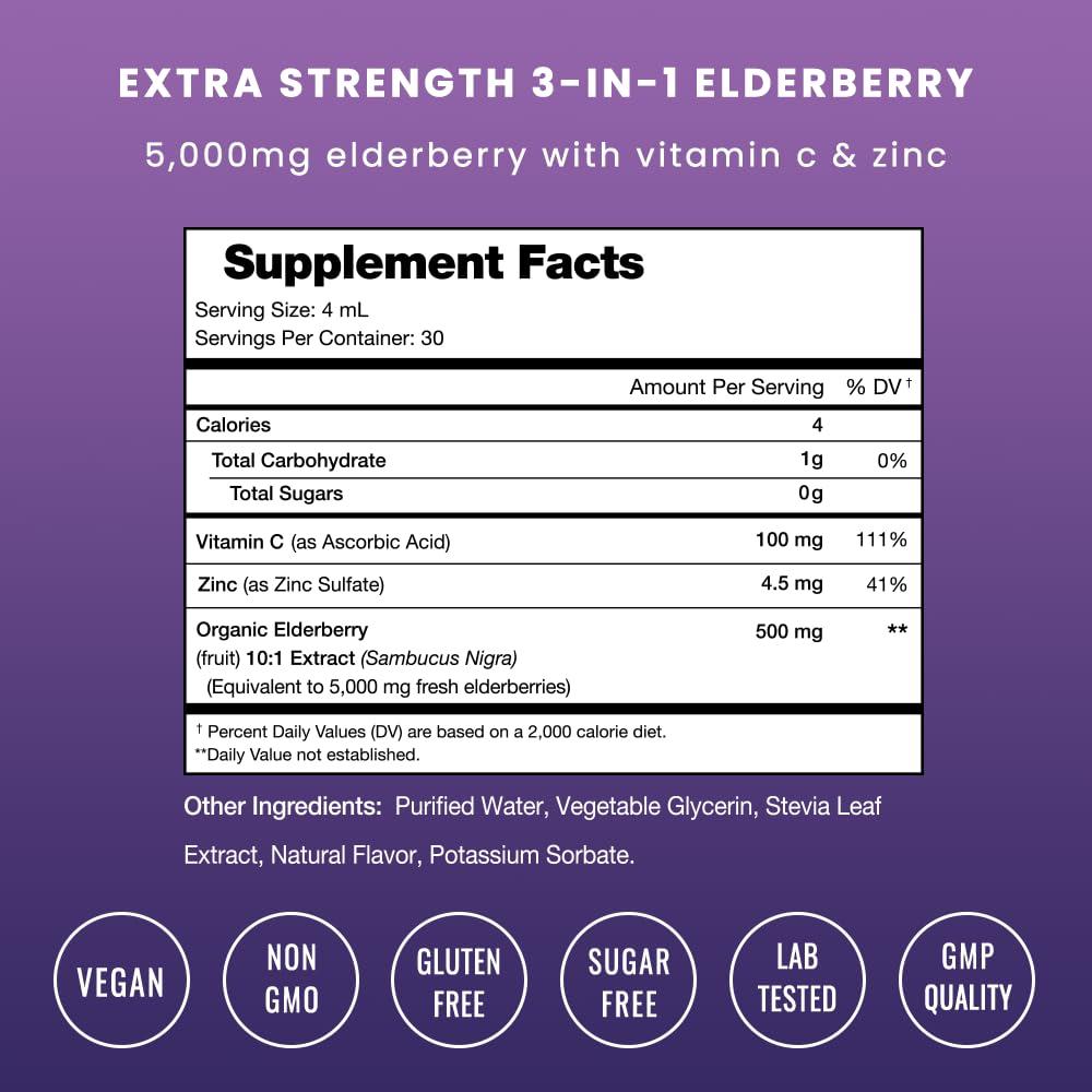 NutraChamps Organic Elderberry Syrup - 5000mg Elderberry Extract with Vitamin C & Zinc - Black Elderberry Liquid Drops - Sugar-Free Immunity Booster for Adults & Kids - Vegan, Gluten-Free Elderberry Supplement