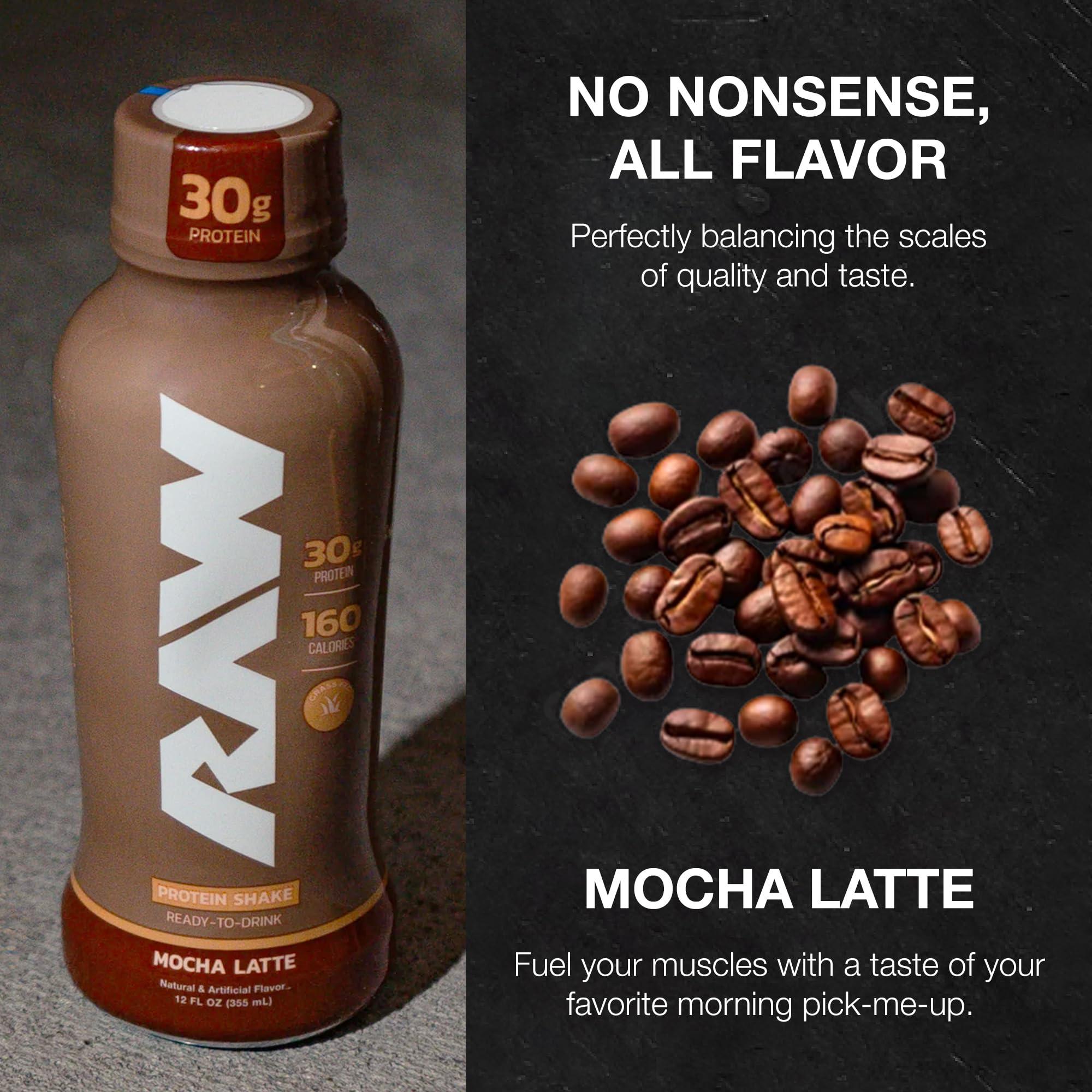 RAW RAW Ready-to-Drink Protein Shake, Mocha Latte - RTD Protein Drinks with Grass-Fed Whey Protein Isolate for Post-Workout - Zero-Sugar & Gluten-Free Meal Replacement Drink & Breakfast Shake, 12 Fl Oz
