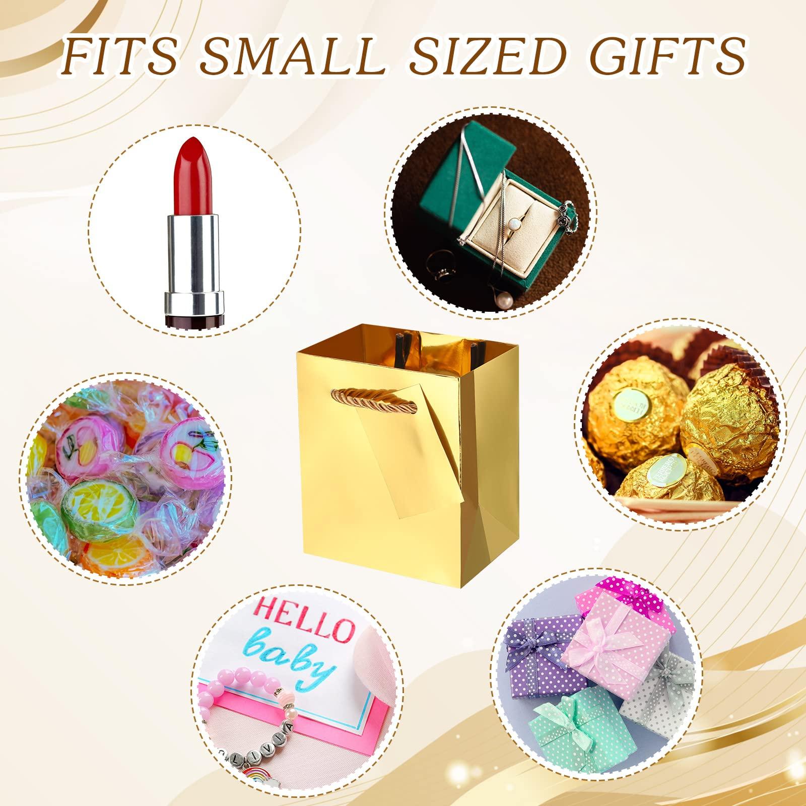 Nuanchu Nuanchu 50 Pcs Mini Gift Bags Bulk, 4 x 2.75 x 4.5 Inch Paper Bags with Gift Tags, Extra Small Metallic Paper Totes with Handles for Birthday Weddings Baby Showers Party Favors Gifts (Gold)