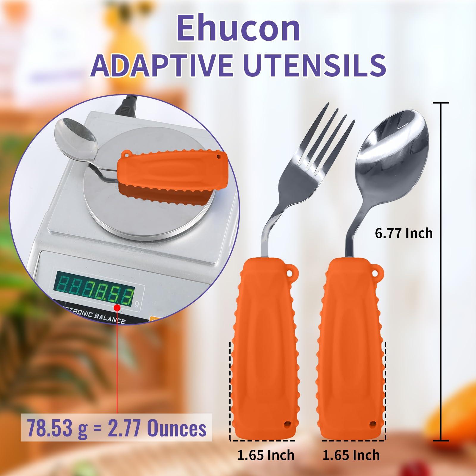 Ehucon Ehucon Adaptive Utensils,Weighted Angled Silverware,Parkinsons Aids,Angled Silverware Spoon and Fork Set for Elderly, Arthritis, Dementia, Disable, Handicapped Hands (Left Hand,Pack of 2,Orange)