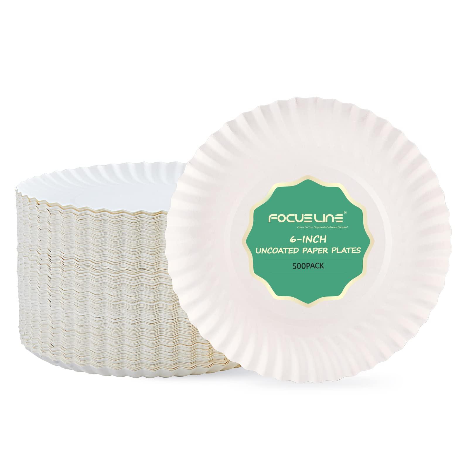 FOCUSLINE FOCUSLINE 6 Inch White Paper Plates 500 Count, Uncoated Paper Plates, Everyday Disposable Dessert Plates 6" Paper Plate Bulk, Pack of 500 Count