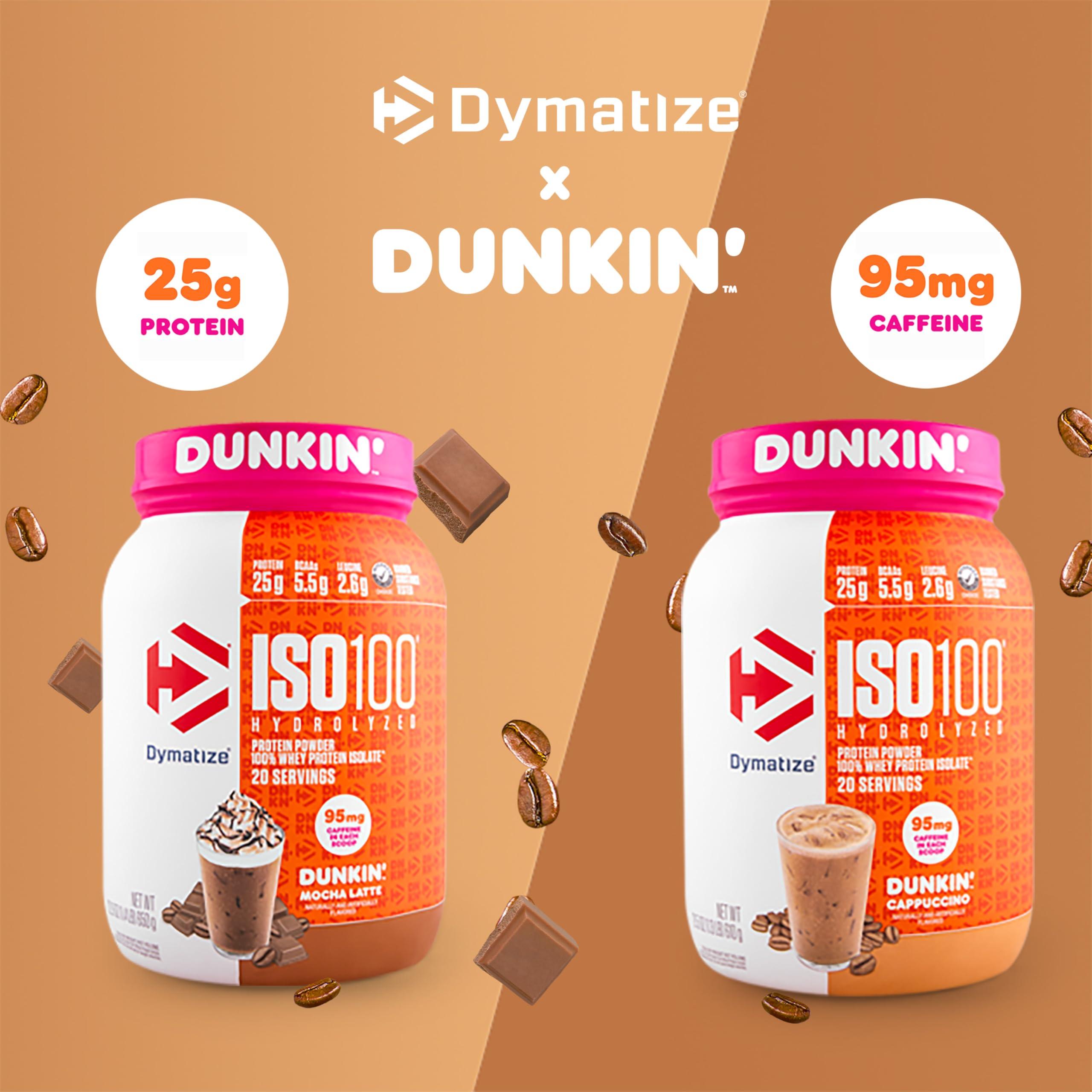 Dymatize Dymatize ISO100 Hydrolyzed 100% Whey Isolate Protein Powder in Dunkin\' Cappuccino Flavor, 25g Protein, 95mg Caffeine, 5.5g BCAAs, Gluten Free, Fast Absorbing, Easy Digesting, 21.5 Oz
