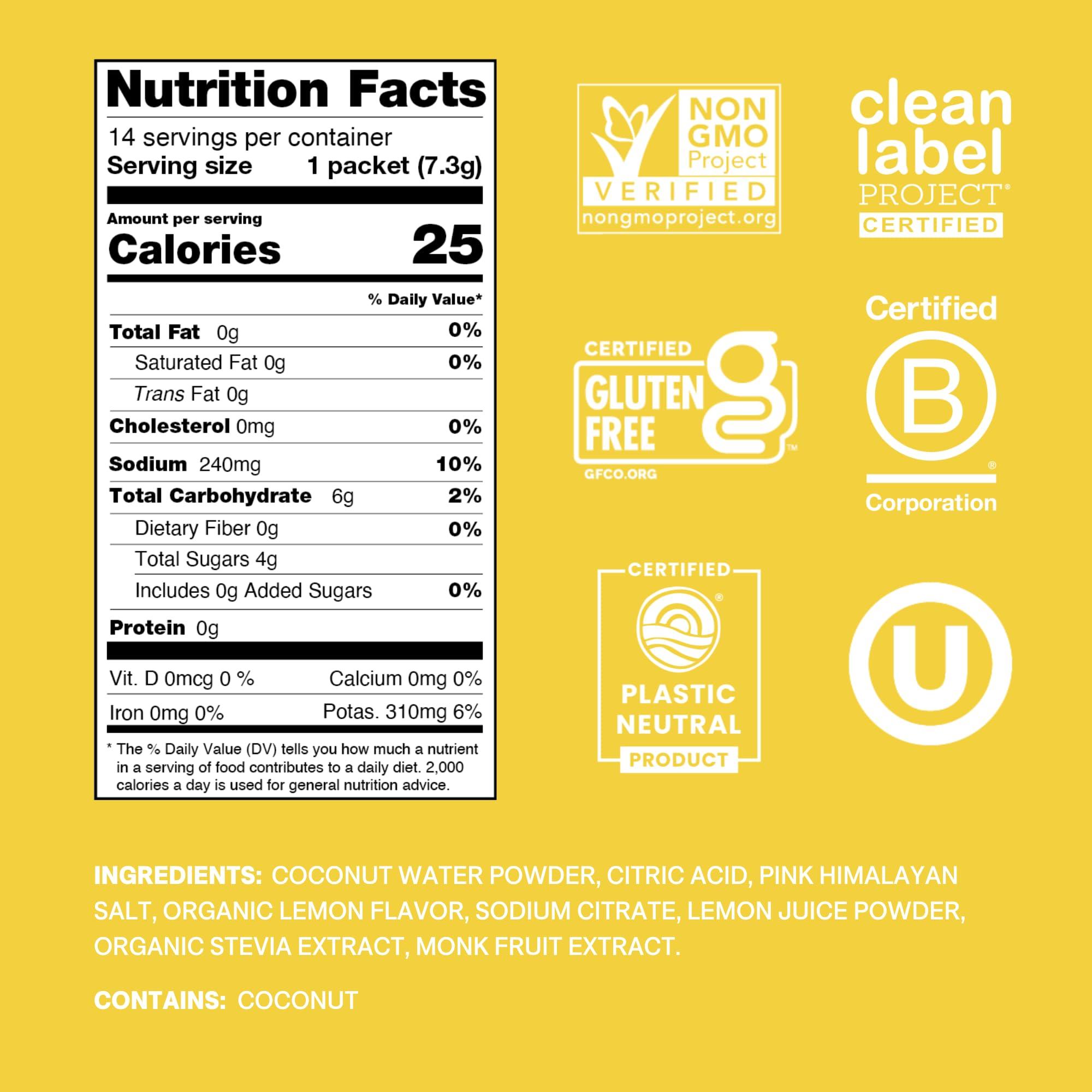 Cure Hydration Cure Hydrating Plant Based Electrolyte Mix | Powder for Dehydration Relief | Made with Coconut Water | Non-GMO | No Added Sugar | FSA & HSA | Vegan | Paleo | Pouch of 14 Packets - Lemonade