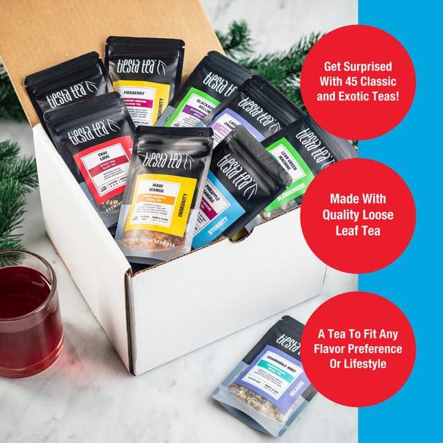 Tiesta Tea Tiesta Tea - Tiesta Tastings Loose Leaf Sampler Dry Flight Set - High to No Caffeine Tea - Makes Hot and Iced Tea - Assorted Tea Sets with Herbal, Chai, Fruit Teas & More - 45 Resealable Sample Pouches