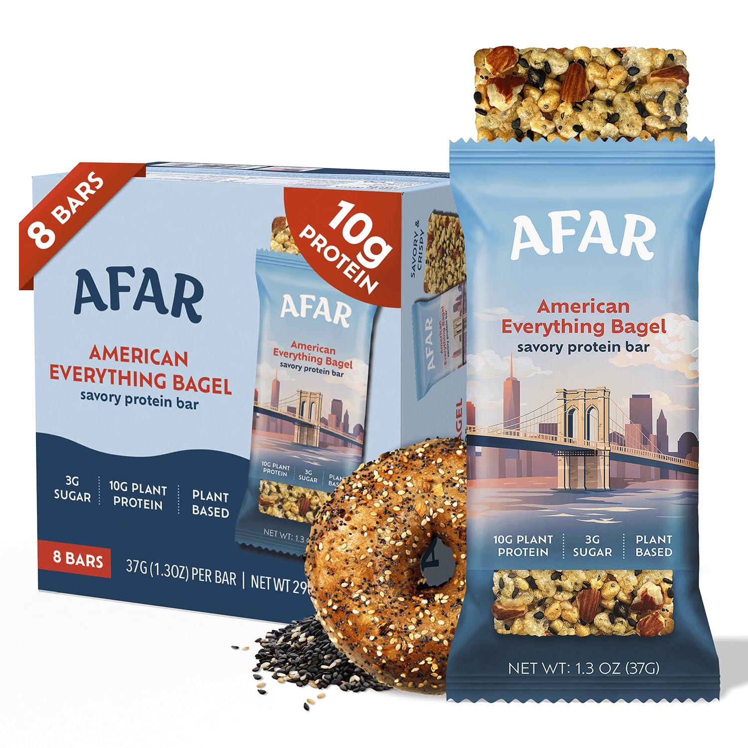 Afar Afar Savory Protein Bars Low Sugar, High Protein Healthy Snacks for Adults Meal Replacement Bar Rice Crispy Texture Vegan, Gluten Free (8 Bars, American Everything Bagel)
