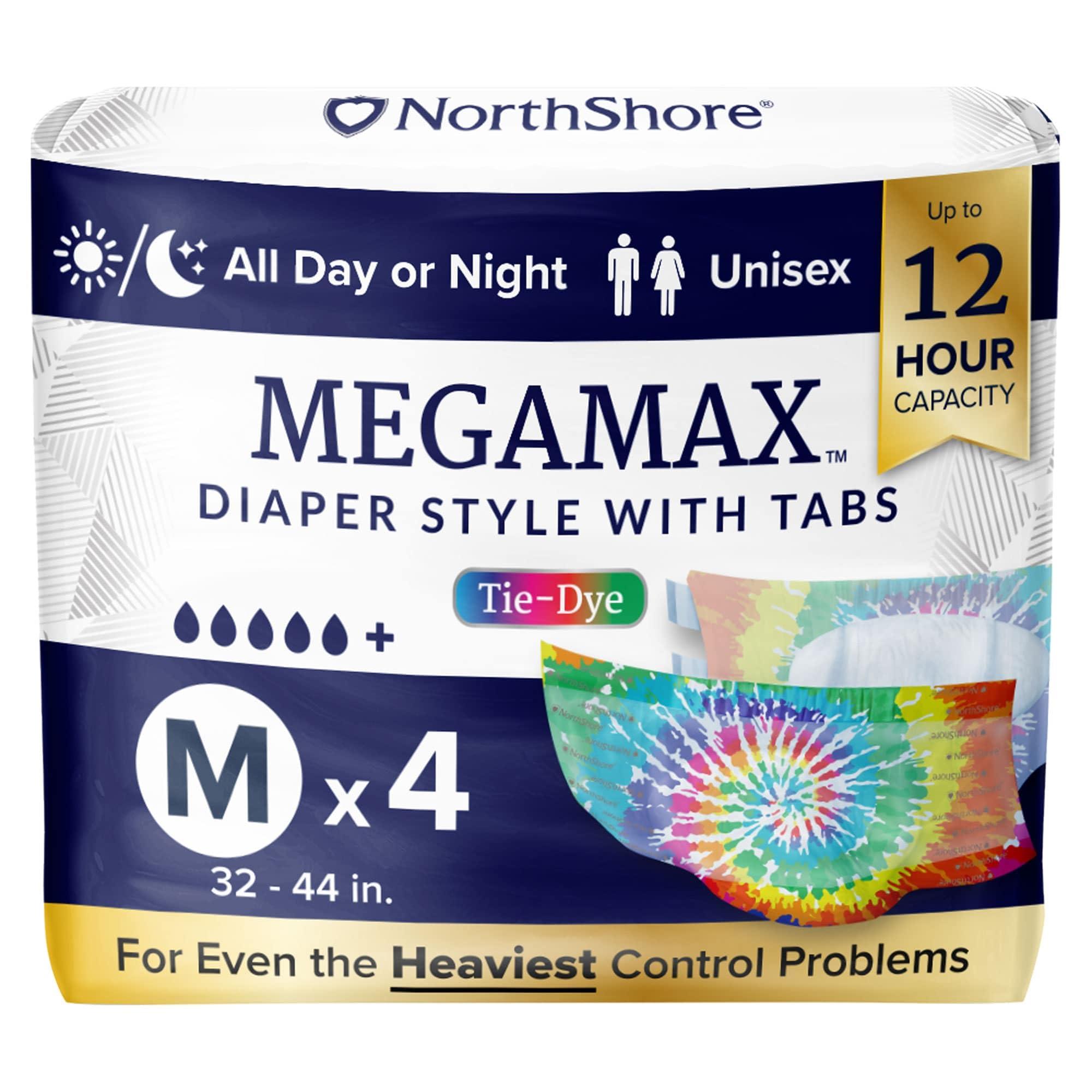NorthShore NorthShore MegaMax Adult Overnight Diapers, 12-Hour Tab-Style, Medium, 4 Count Trial, Tie-Dye, 32-44 inches, Unisex Incontinence Underwear