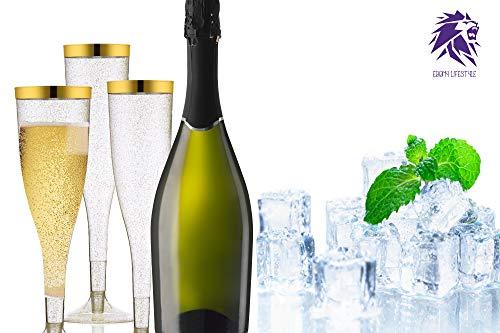 TasteOfQuality 50 Gold Rimmed Sparkle Plastic Champagne Flutes, Gold Glitter, 6.5 Oz Reusable Heavy Duty Wine Glass, Clear Plastic Toasting Glasses, Disposable Plastic Wine Glasses, cups for Bachelorette Party.
