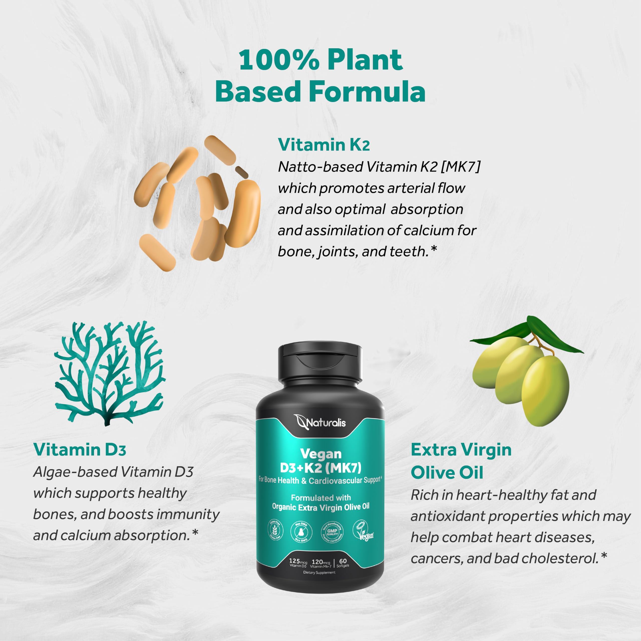 Naturalis Naturalis Vegan Vitamin D3 + K2 from Algae | 5000iu Vitamin D with 120mcg MK7 Vitamin K | Vegan Society Certified, Sustainably Sourced, Better Than Animal Derived | 60 Veggie Softgels